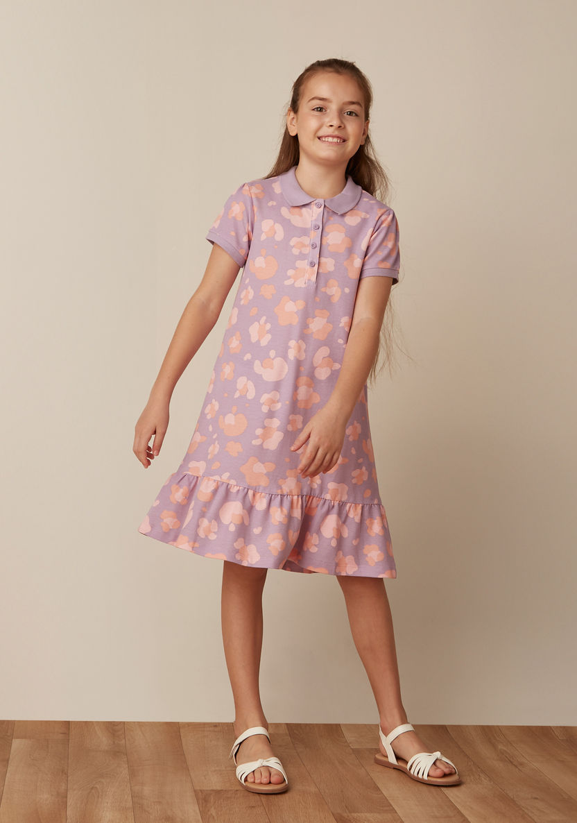 Juniors All-Over Abstract Print Polo Dress with Drop Waist and Short Sleeves-Dresses%2C Gowns and Frocks-image-1