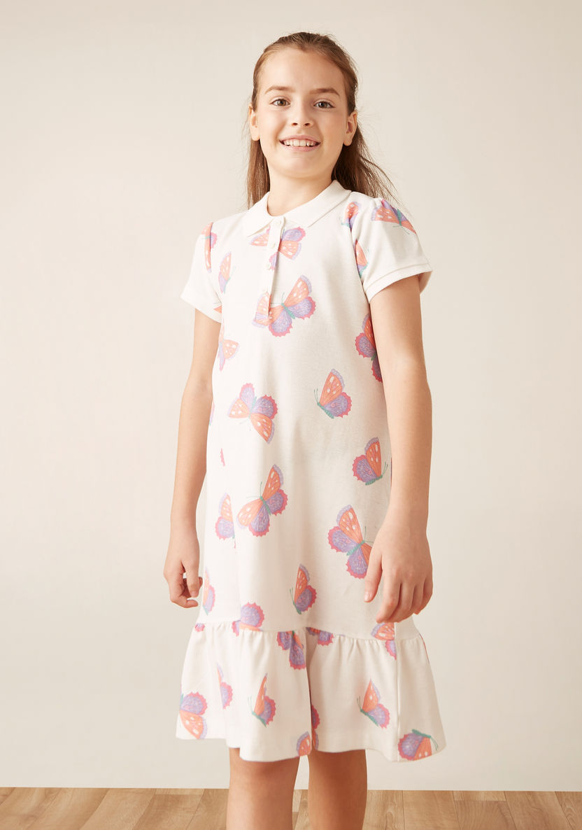 Juniors All-Over Butterfly Print Polo Dress with Drop Waist and Short Sleeves-Dresses%2C Gowns and Frocks-image-0