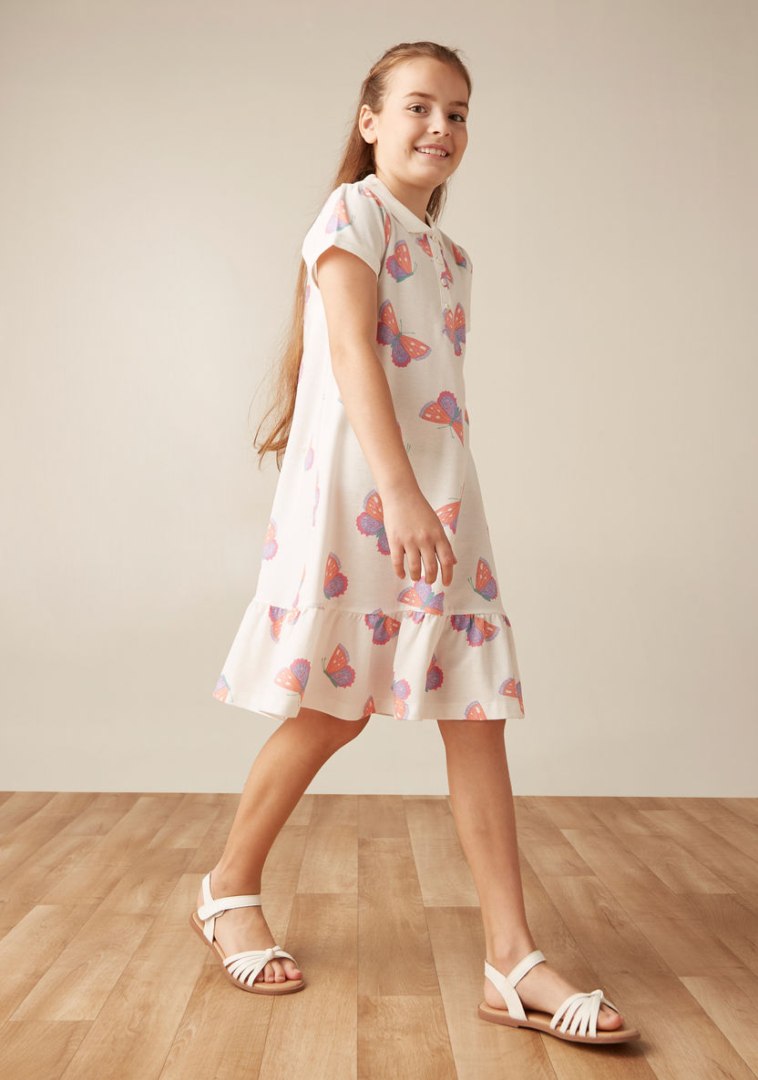Juniors All-Over Butterfly Print Polo Dress with Drop Waist and Short Sleeves-Dresses%2C Gowns and Frocks-image-1