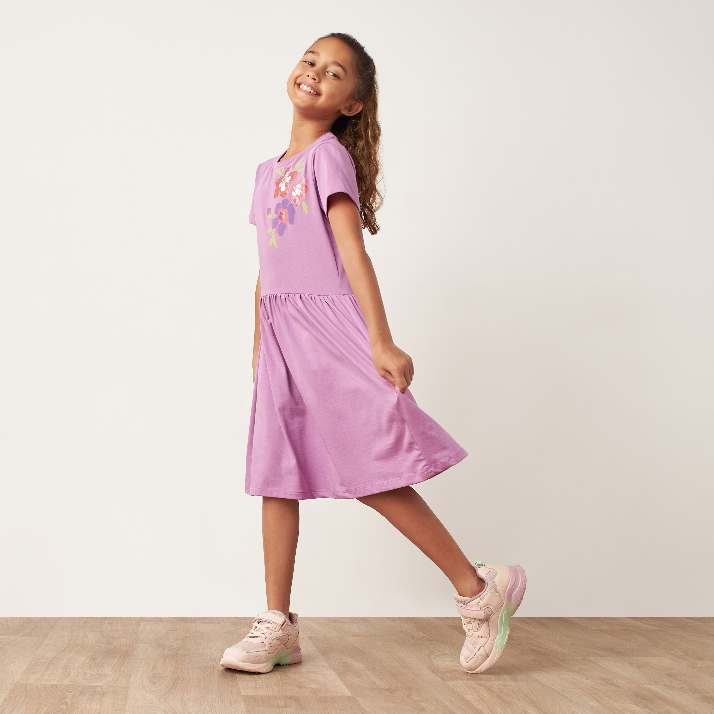 Buy Juniors Floral Print Dress with Round Neck and Short Sleeves Online for Girls Centrepoint Oman