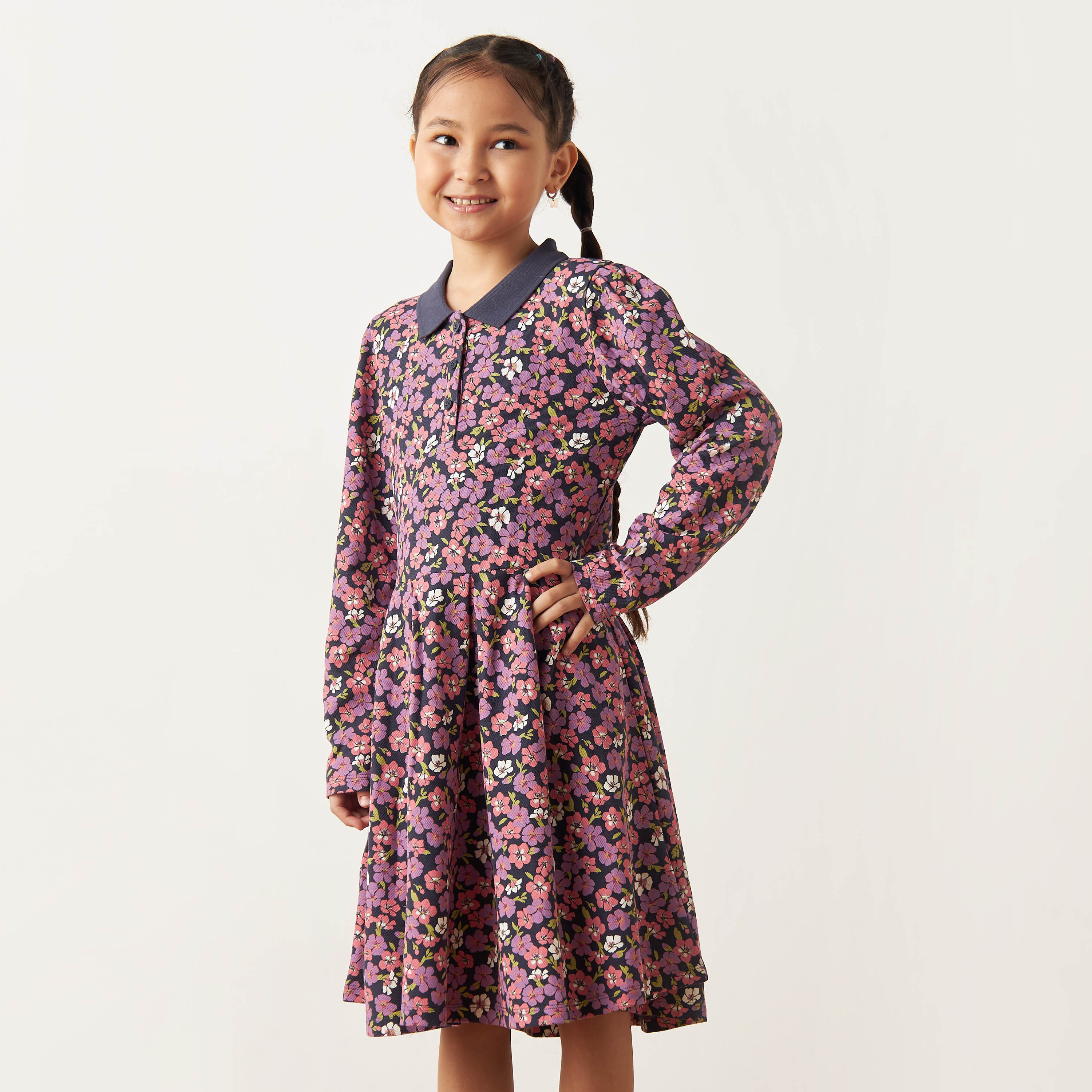 Juniors All-Over Floral Print Polo Dress with Long Sleeves-girls-clothing-dressesandjumpsuits-image-1