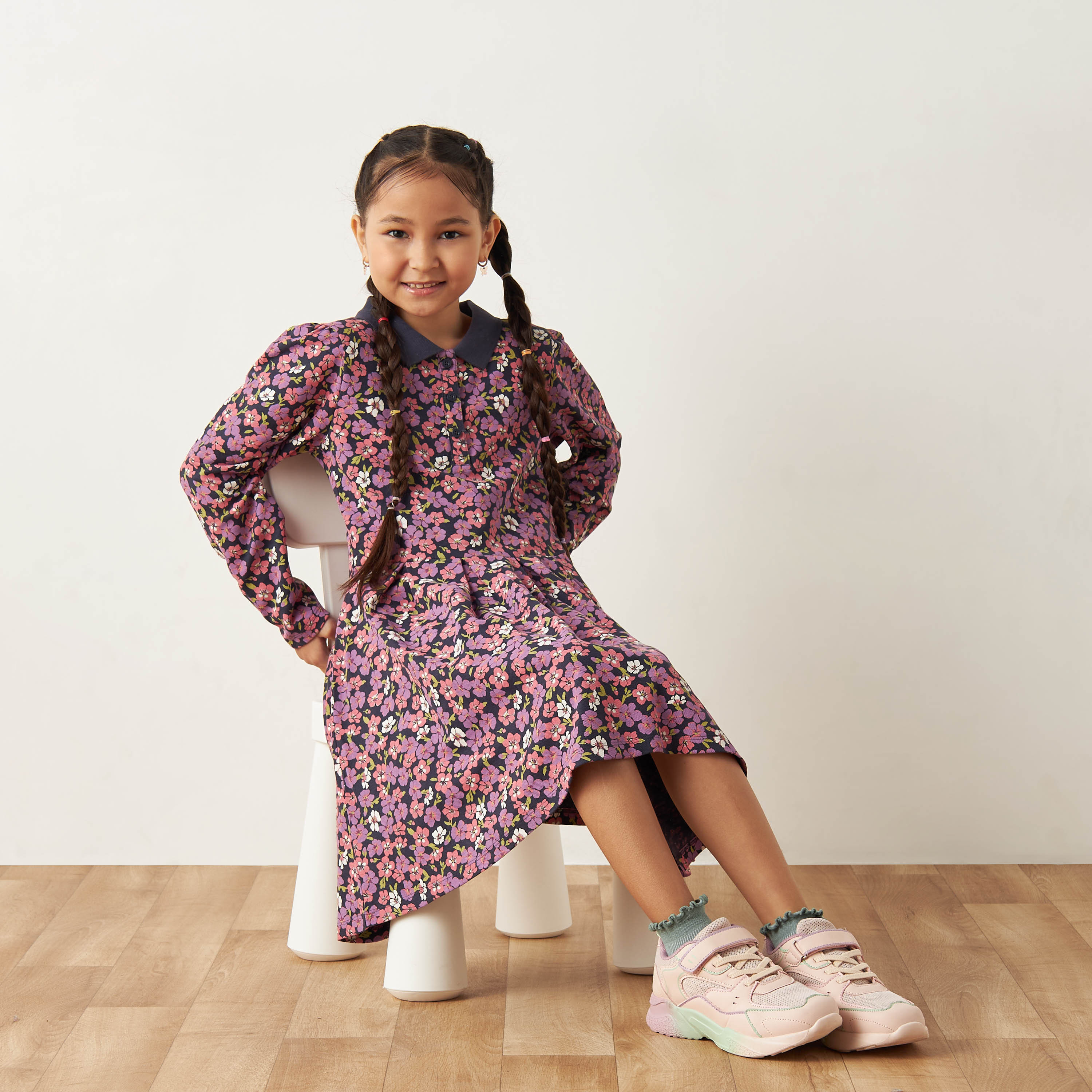 Juniors All-Over Floral Print Polo Dress with Long Sleeves-girls-clothing-dressesandjumpsuits-image-2