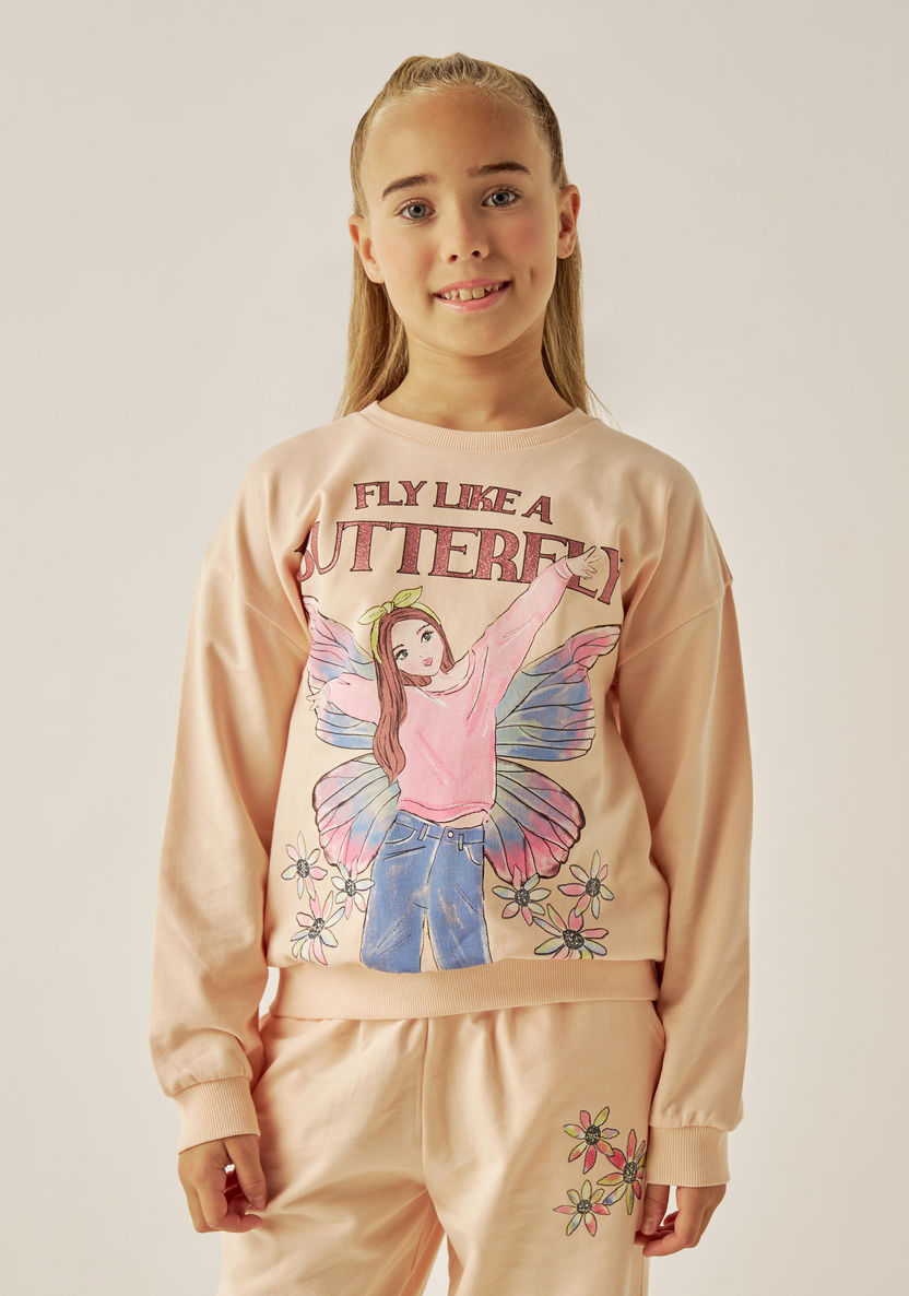 Juniors Glitter Graphic Print Pullover with Long Sleeves and Crew Neck-Sweatshirts-image-0