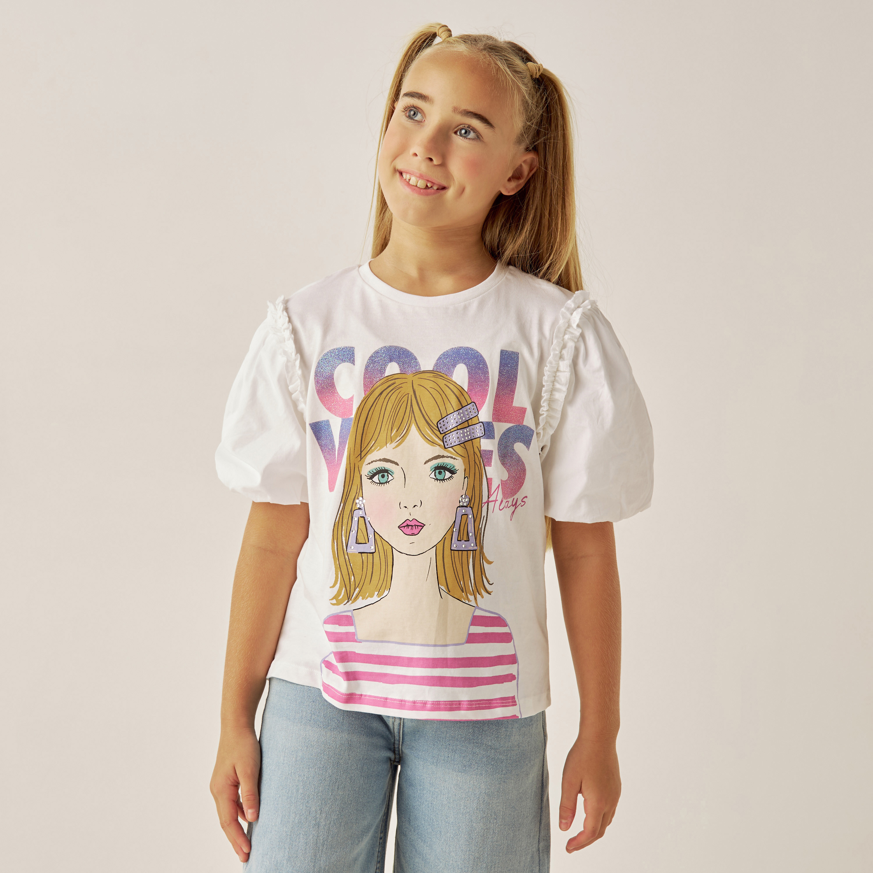 Juniors Graphic Print Crew Neck T-shirt with Puff Sleeves-girls-clothing-tshirts-image-1