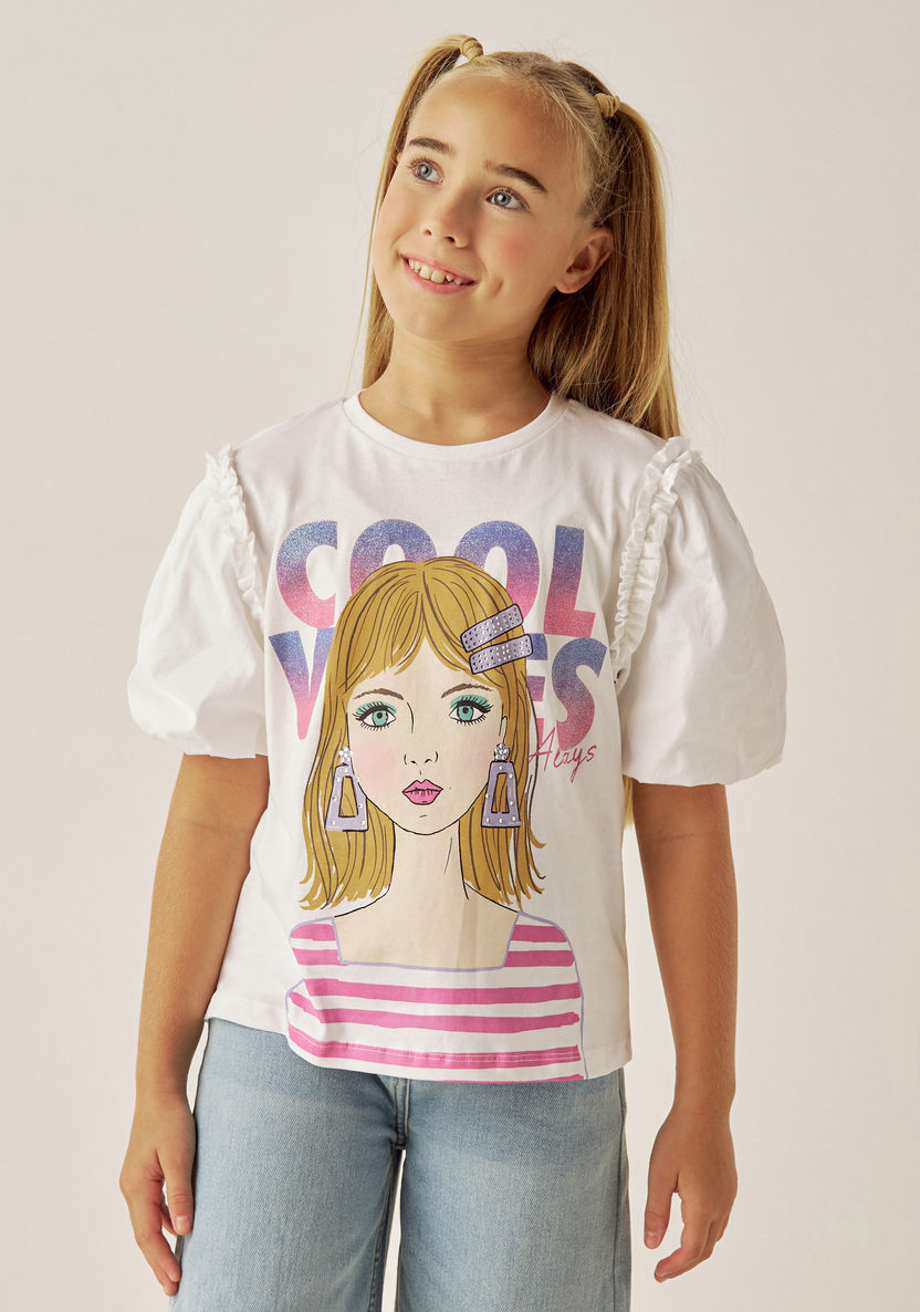Juniors Graphic Print Crew Neck T-shirt with Puff Sleeves-T Shirts-image-0