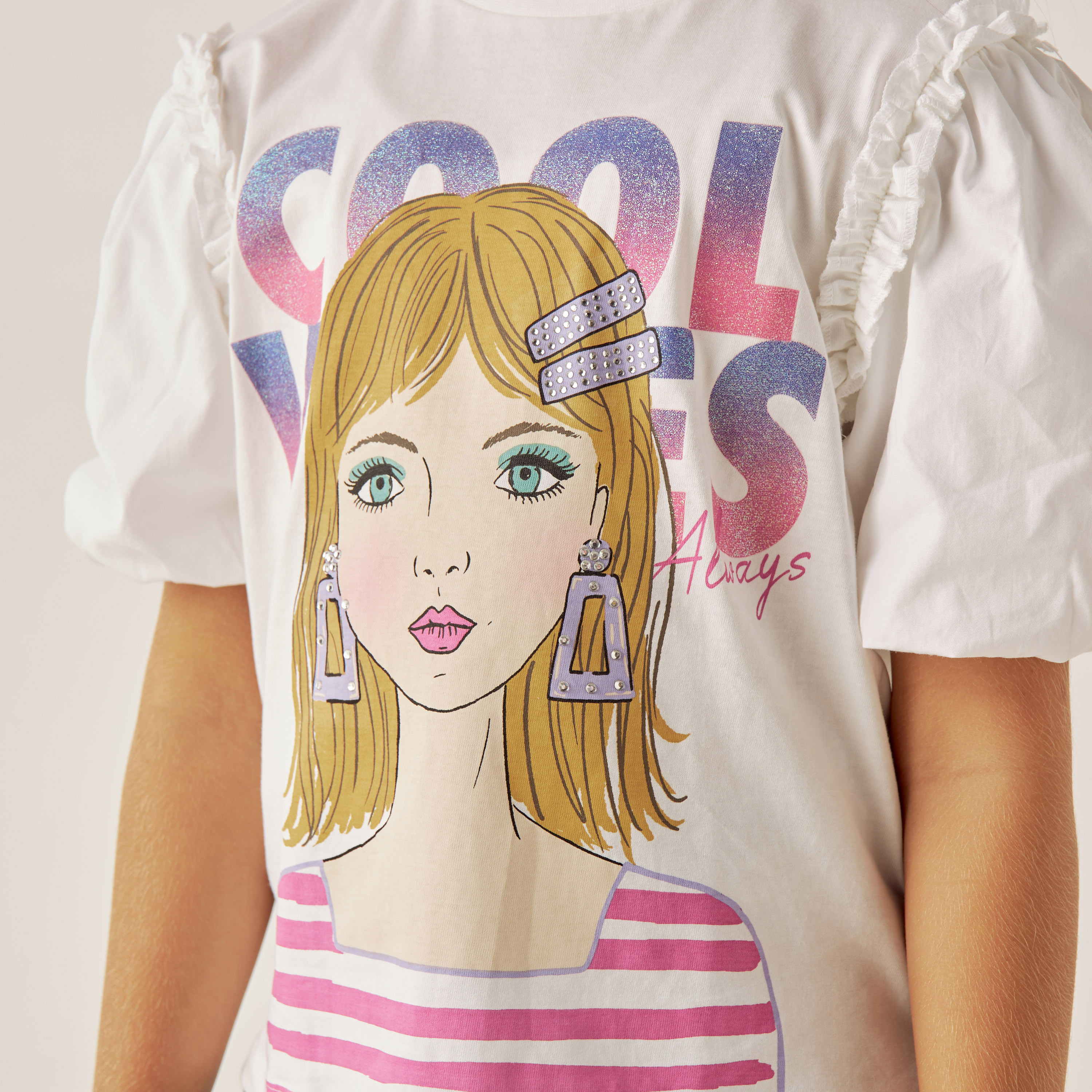 Juniors Graphic Print Crew Neck T-shirt with Puff Sleeves-girls-clothing-tshirts-image-3