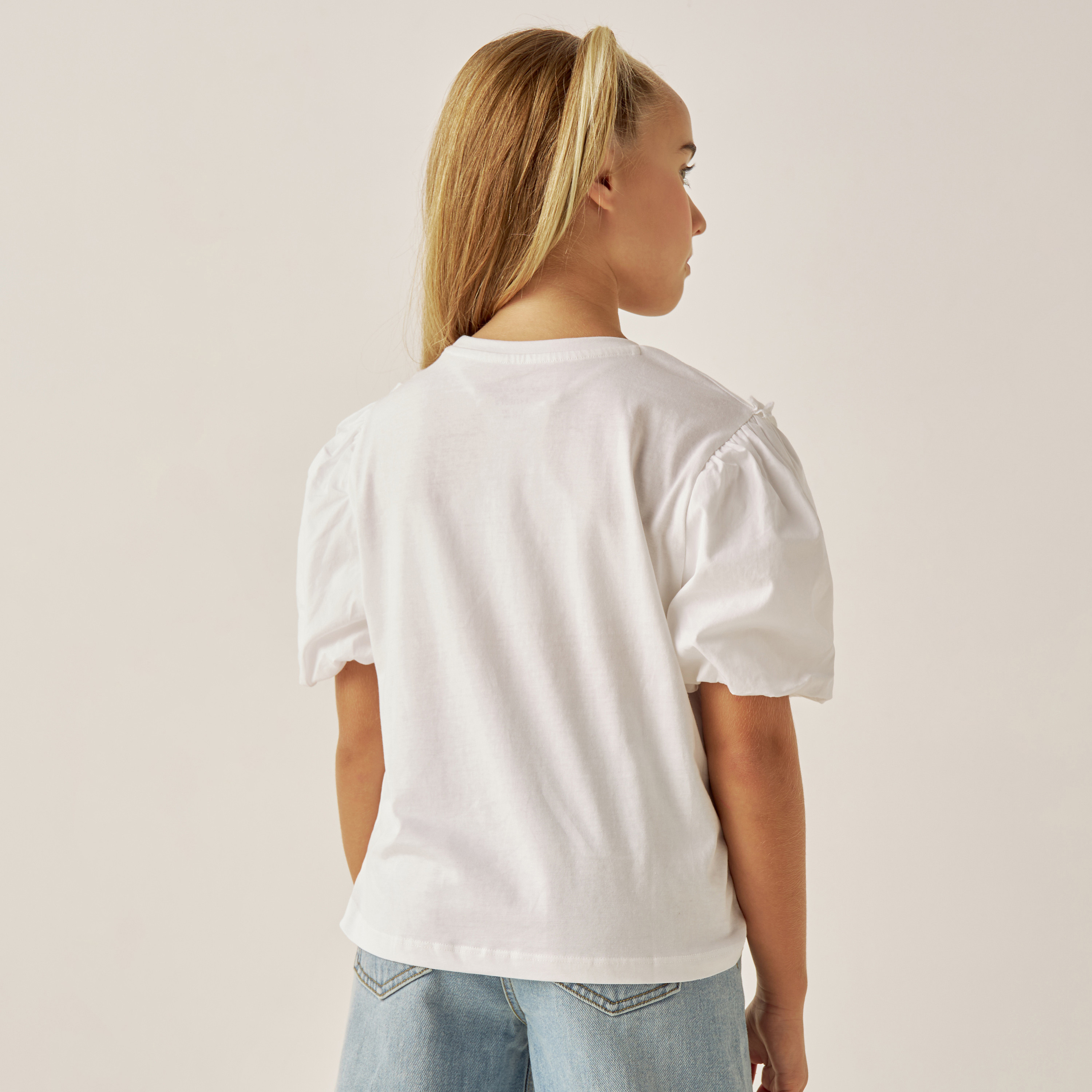 Juniors Graphic Print Crew Neck T-shirt with Puff Sleeves-girls-clothing-tshirts-image-4