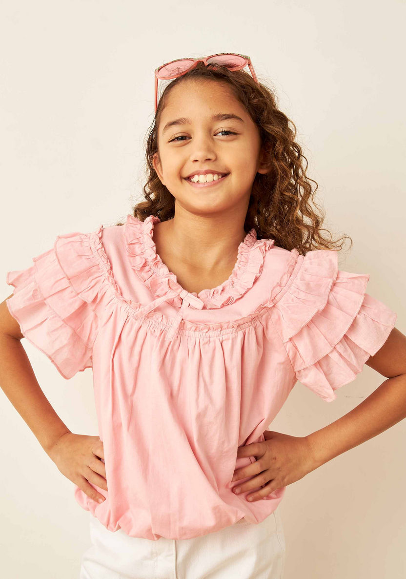 Juniors Solid Top with Short Ruffle Sleeves and Button Closure-Blouses-image-0