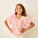 Juniors Solid Top with Short Ruffle Sleeves and Button Closure-Blouses-thumbnail-0