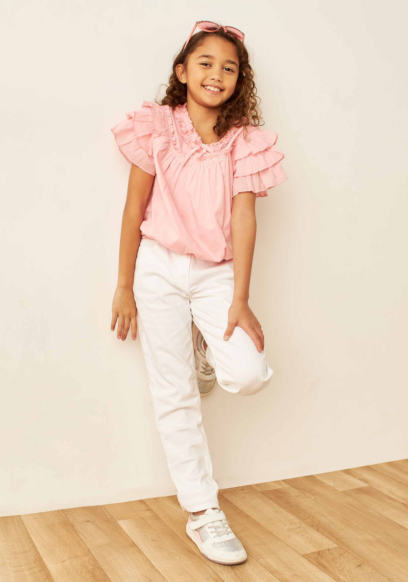 Juniors Solid Top with Short Ruffle Sleeves and Button Closure-Blouses-image-1
