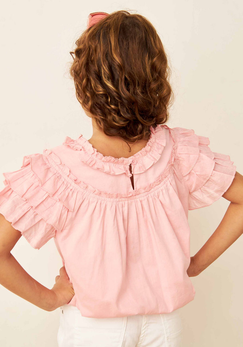 Juniors Solid Top with Short Ruffle Sleeves and Button Closure-Blouses-image-3