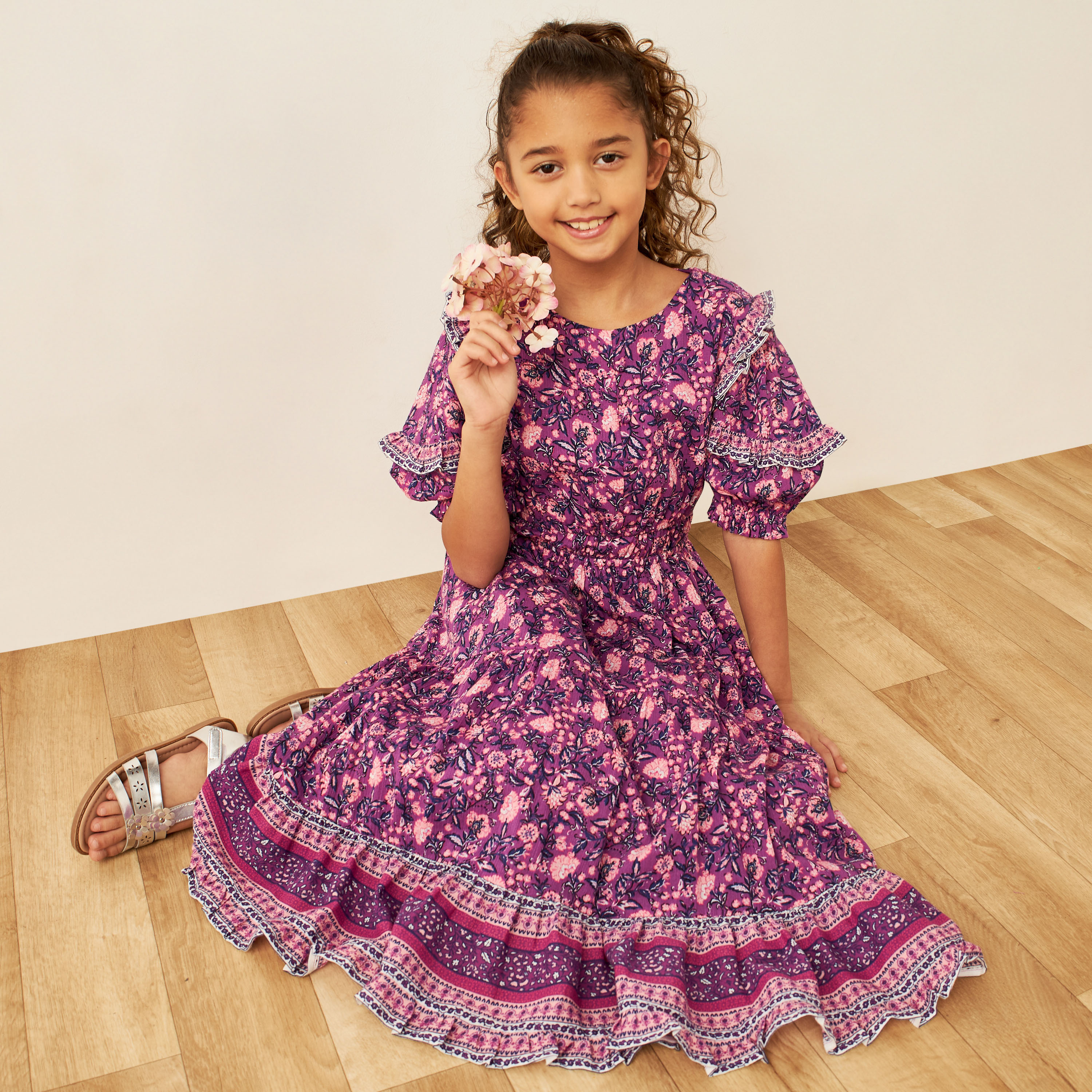 Buy Juniors All Over Floral Print Tiered Dress with Puff Sleeves and Ruffle Detail Online Babyshop Kuwait