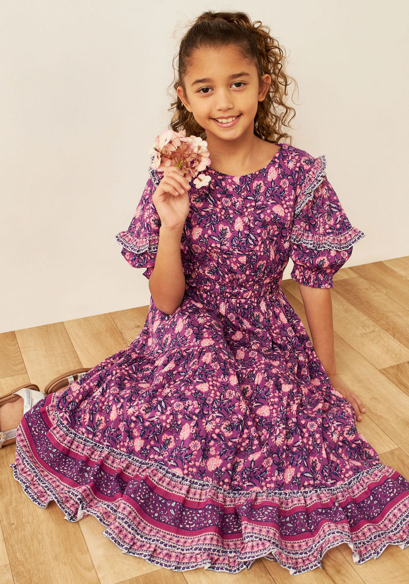 Juniors All-Over Floral Print Tiered Dress with Puff Sleeves and Ruffle Detail-Dresses%2C Gowns and Frocks-image-0
