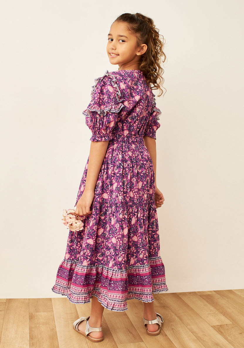 Juniors All-Over Floral Print Tiered Dress with Puff Sleeves and Ruffle Detail-Dresses%2C Gowns and Frocks-image-3