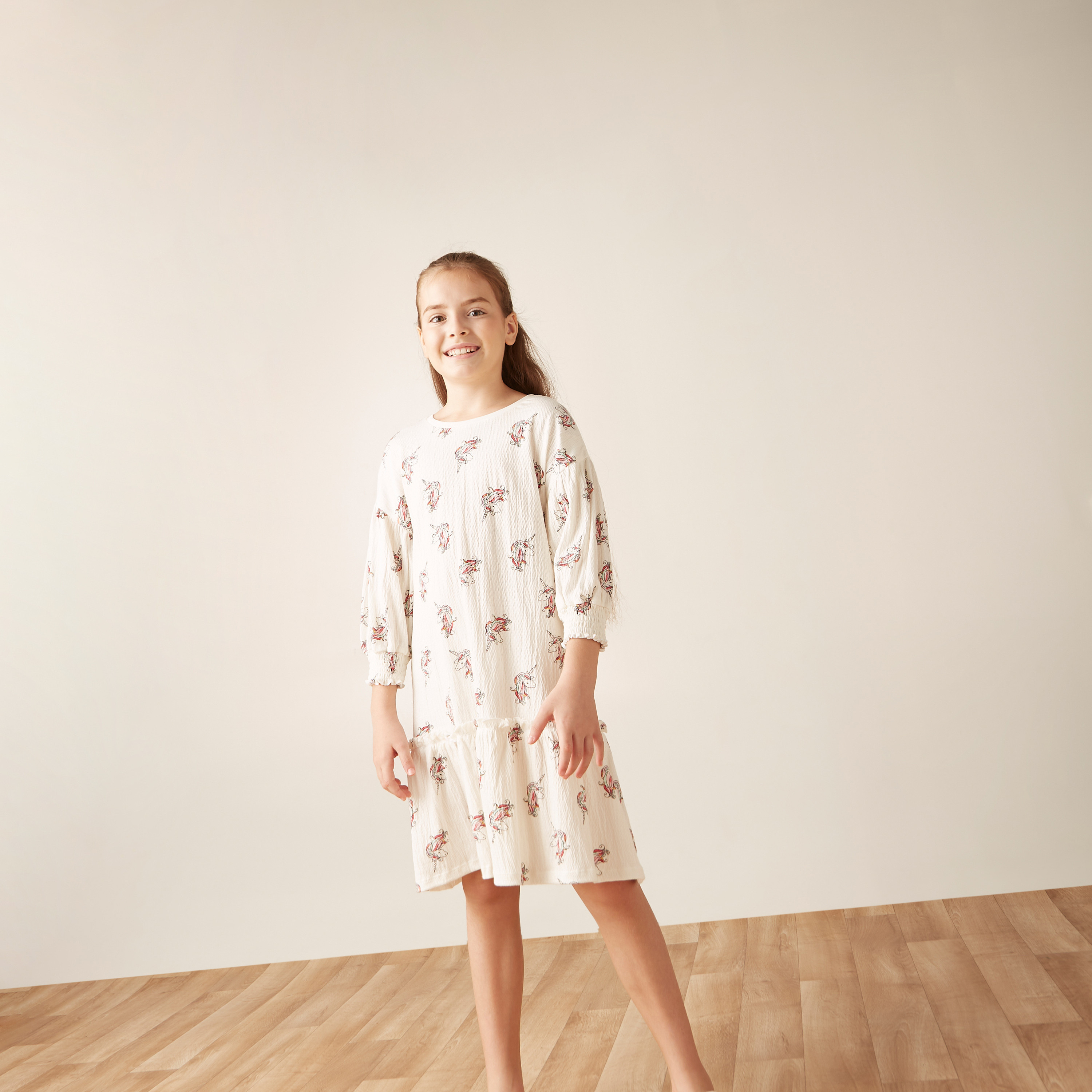 Juniors Unicorn Print Dress with Drop Waist and 3/4 Sleeves-girls-clothing-dressesandjumpsuits-image-1