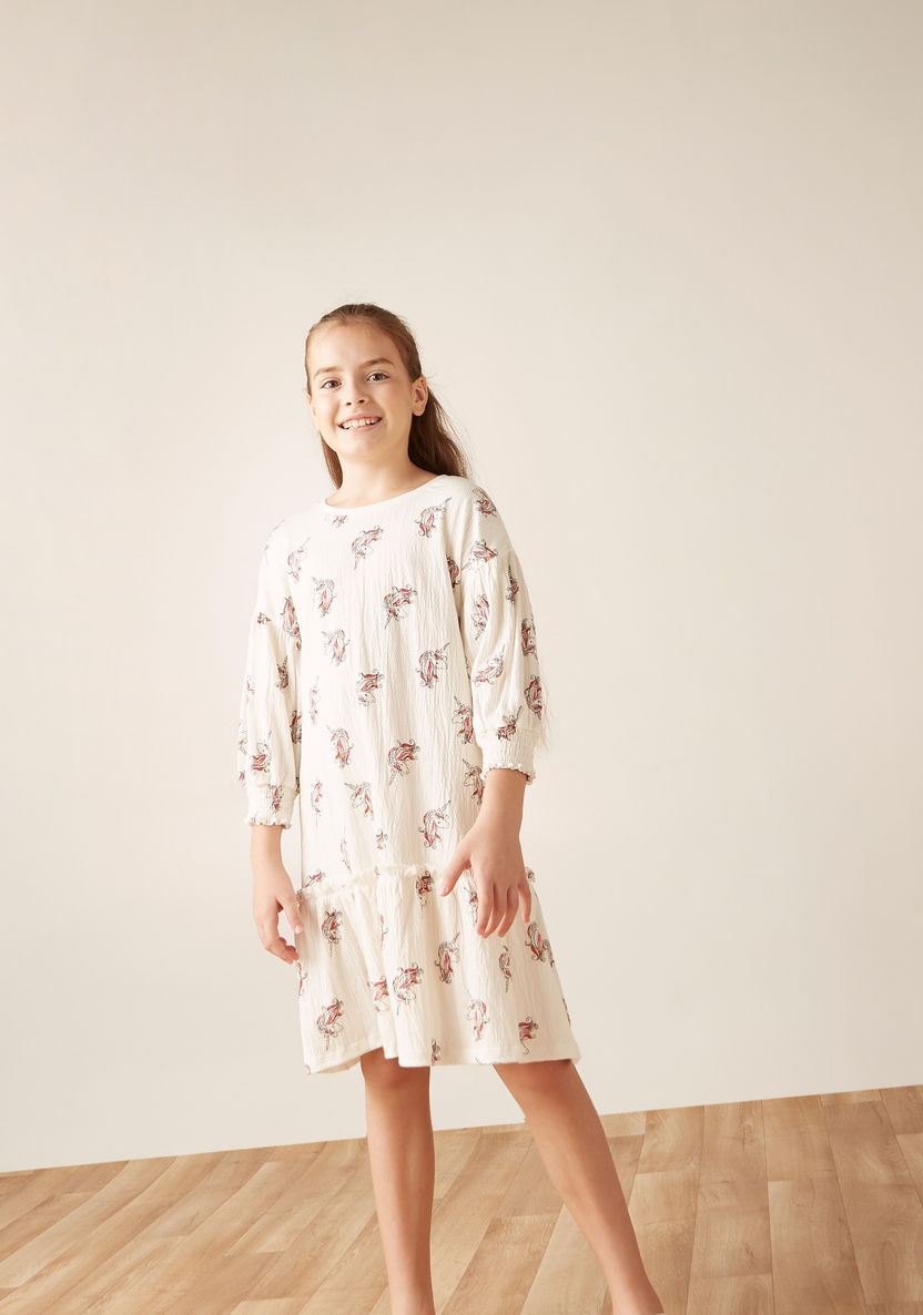 Juniors Unicorn Print Dress with Drop Waist and 3/4 Sleeves-Dresses%2C Gowns and Frocks-image-0