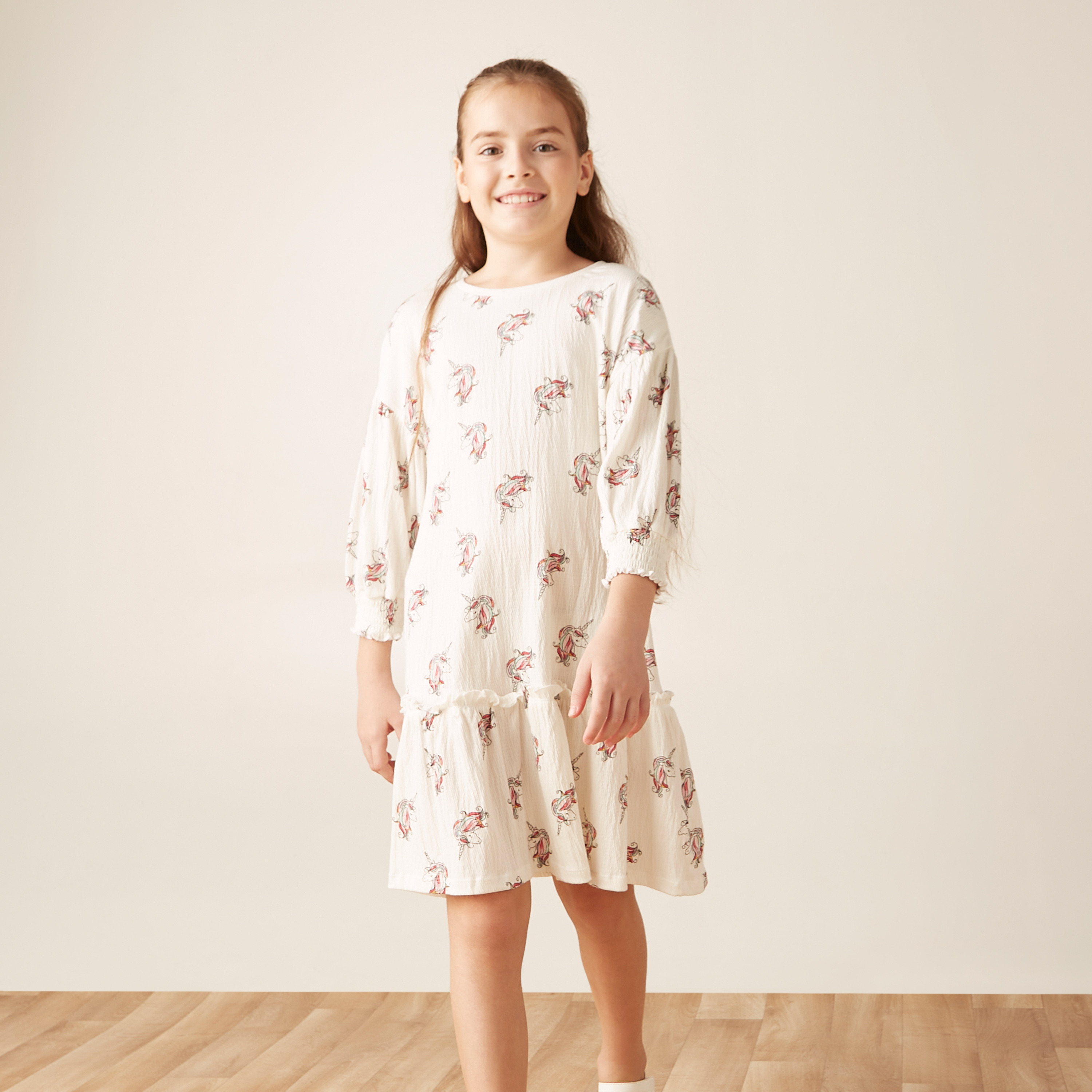 Juniors Unicorn Print Dress with Drop Waist and 3/4 Sleeves-girls-clothing-dressesandjumpsuits-image-2