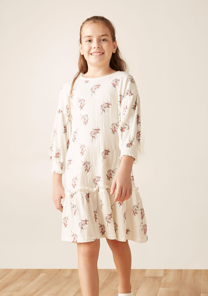 Juniors Unicorn Print Dress with Drop Waist and 3/4 Sleeves-Dresses%2C Gowns and Frocks-image-1