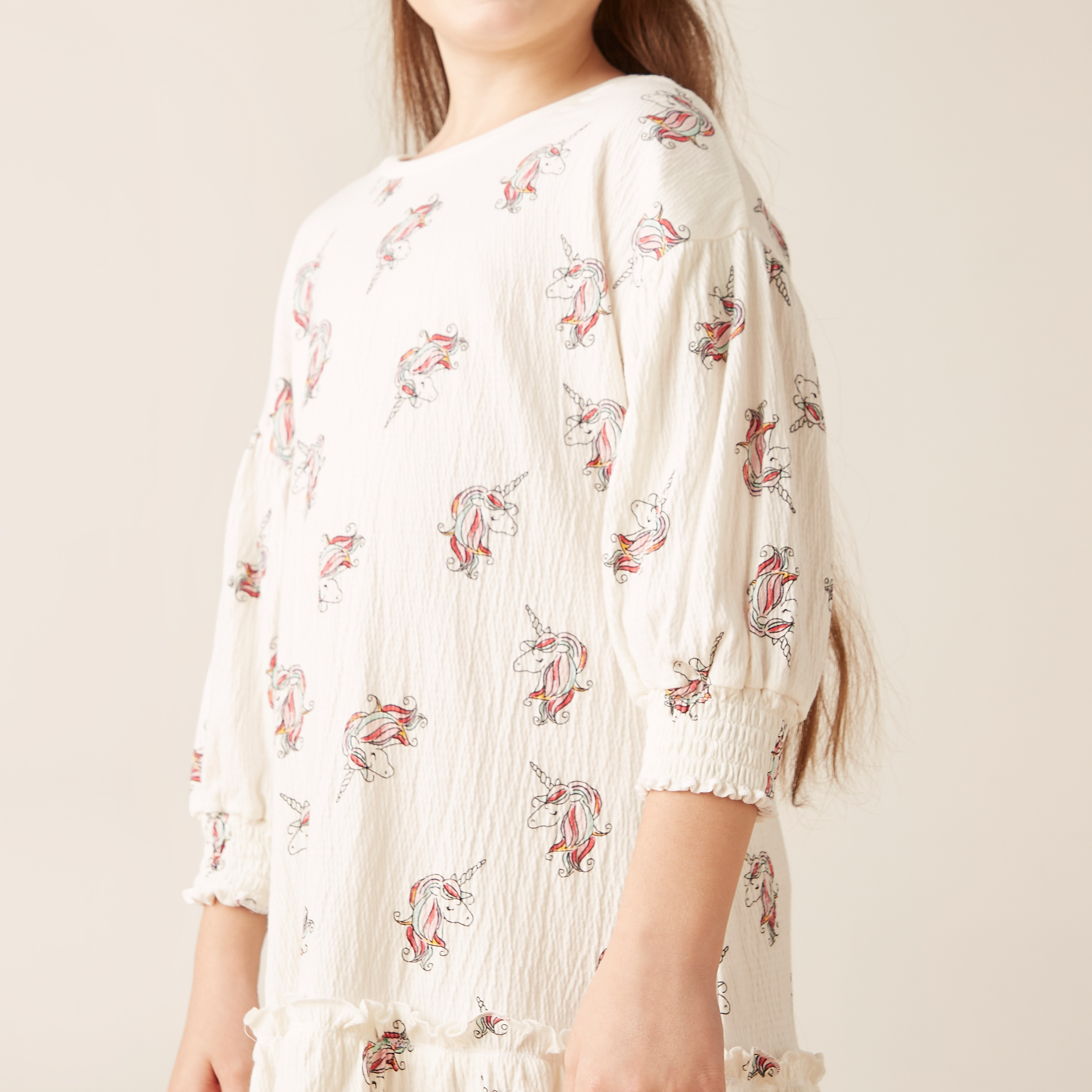 Juniors Unicorn Print Dress with Drop Waist and 3/4 Sleeves-girls-clothing-dressesandjumpsuits-image-3