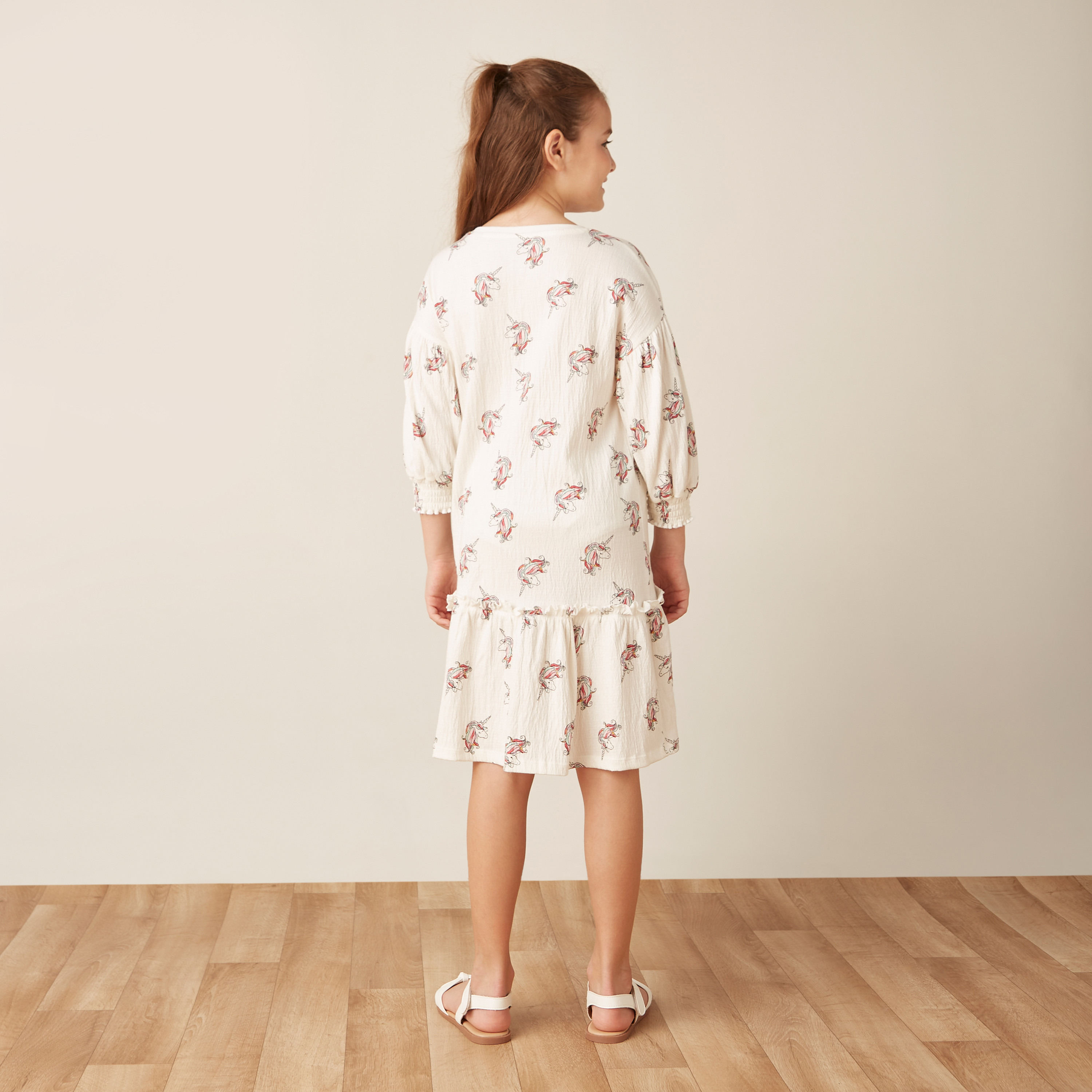 Juniors Unicorn Print Dress with Drop Waist and 3/4 Sleeves-girls-clothing-dressesandjumpsuits-image-4