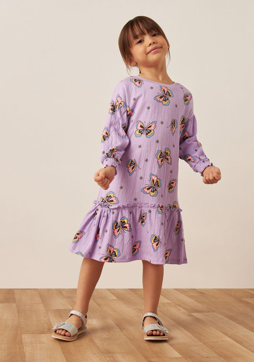 Juniors All-Over Butterfly Print Dress with Long Sleeves-Dresses%2C Gowns and Frocks-image-0