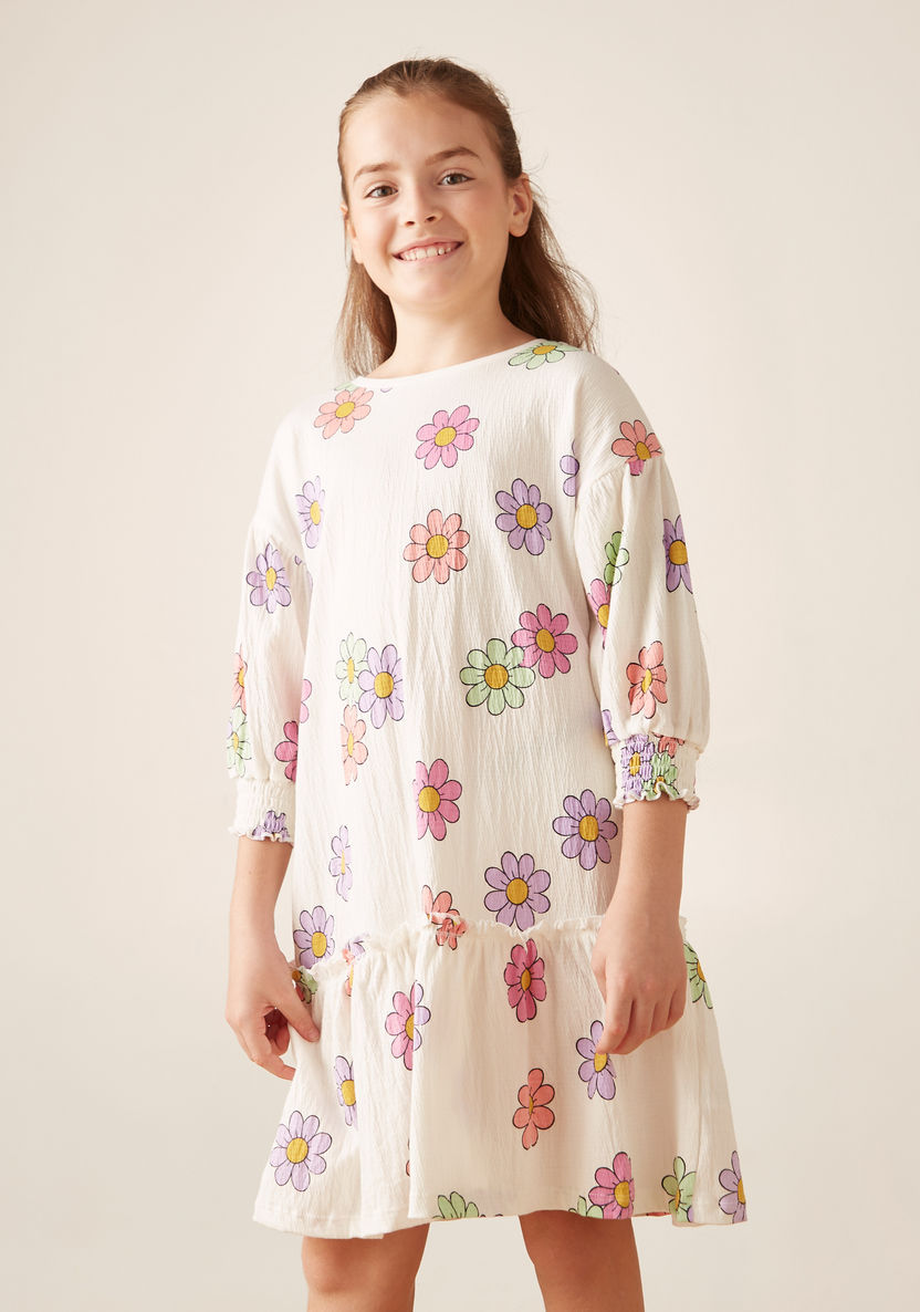 Juniors All-Over Floral Print Dress with 3/4 Sleeves-Dresses%2C Gowns and Frocks-image-0