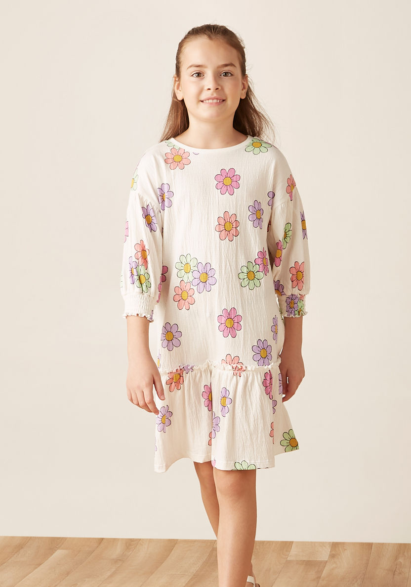 Juniors All-Over Floral Print Dress with 3/4 Sleeves-Dresses%2C Gowns and Frocks-image-1