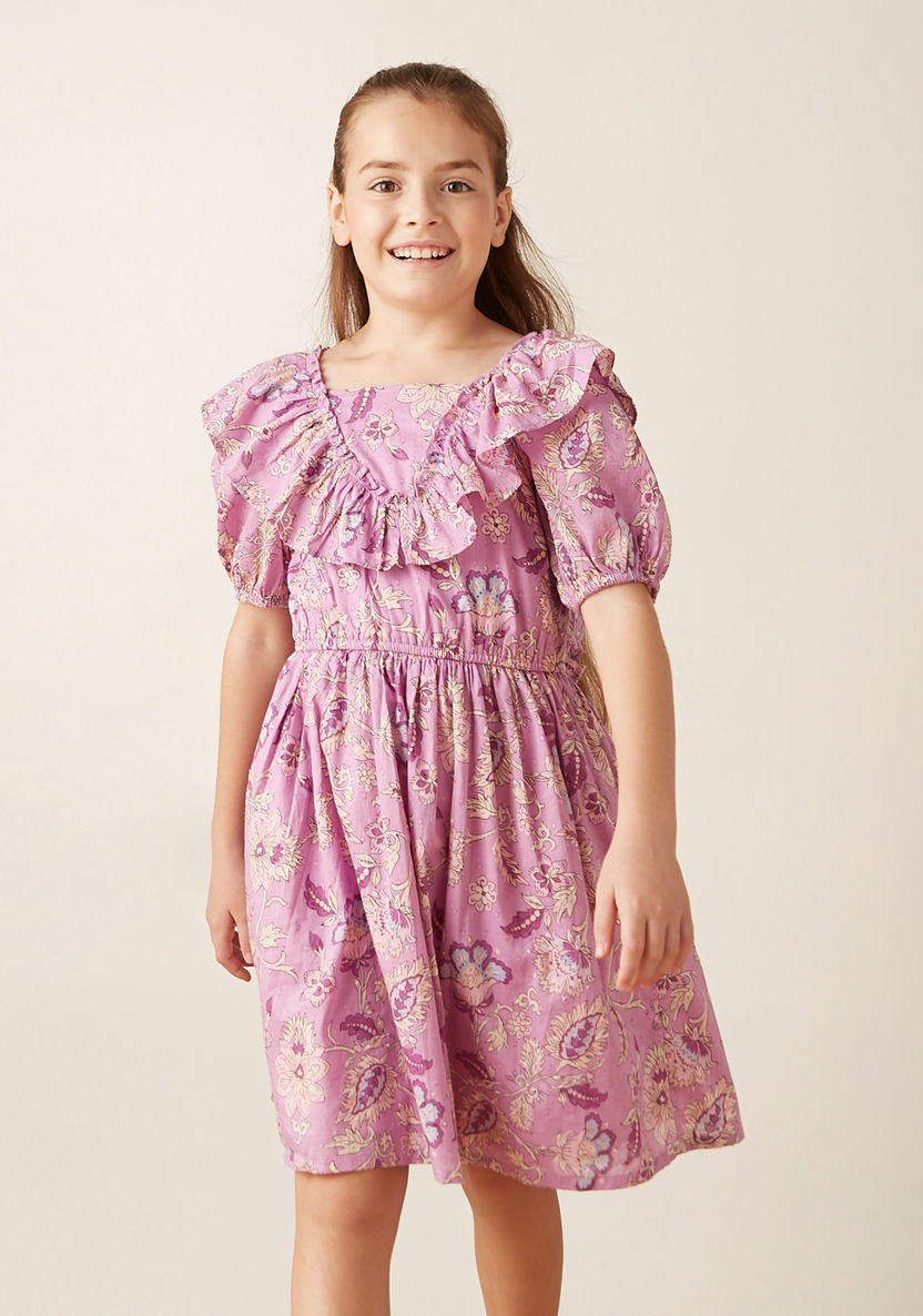 Juniors All-Over Floral Print Dress with Ruffle Detail and Short Puff Sleeves-Dresses%2C Gowns and Frocks-image-0