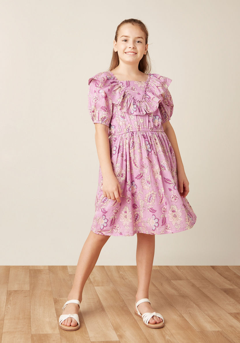 Juniors All-Over Floral Print Dress with Ruffle Detail and Short Puff Sleeves-Dresses%2C Gowns and Frocks-image-1