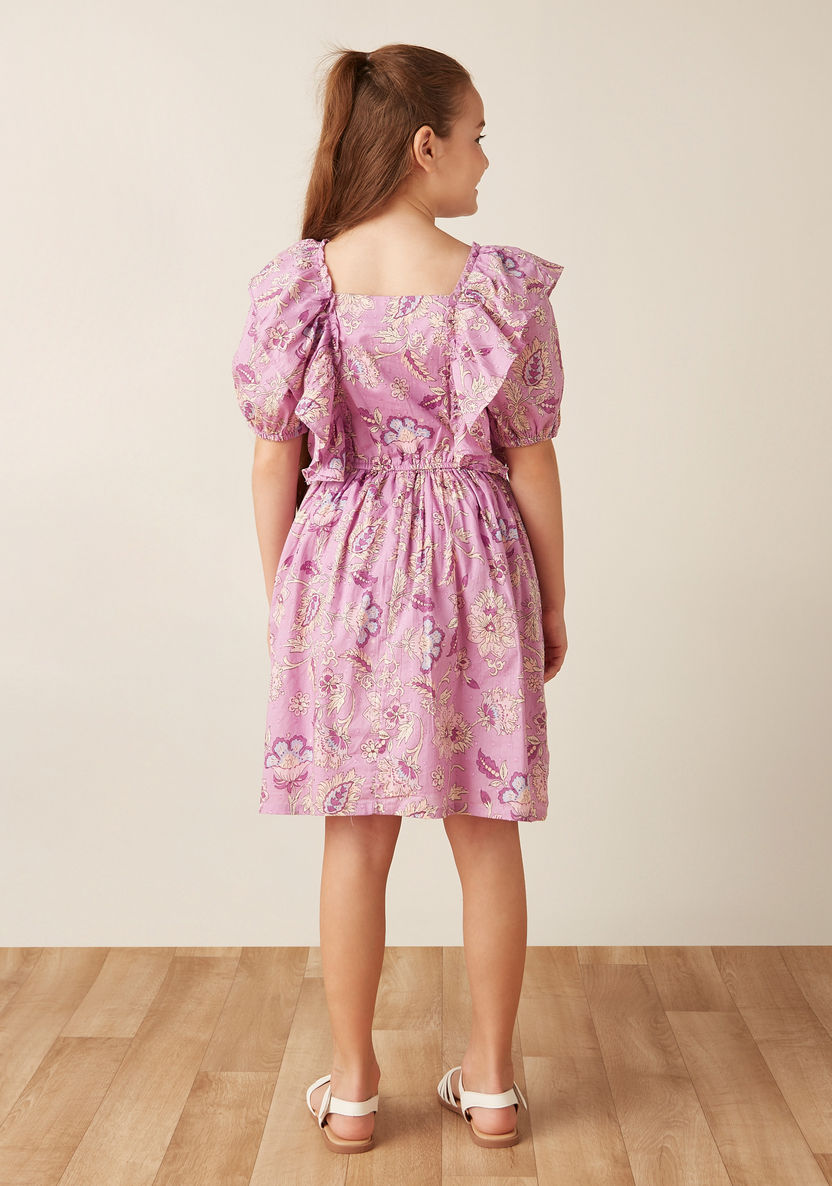 Juniors All-Over Floral Print Dress with Ruffle Detail and Short Puff Sleeves-Dresses%2C Gowns and Frocks-image-2