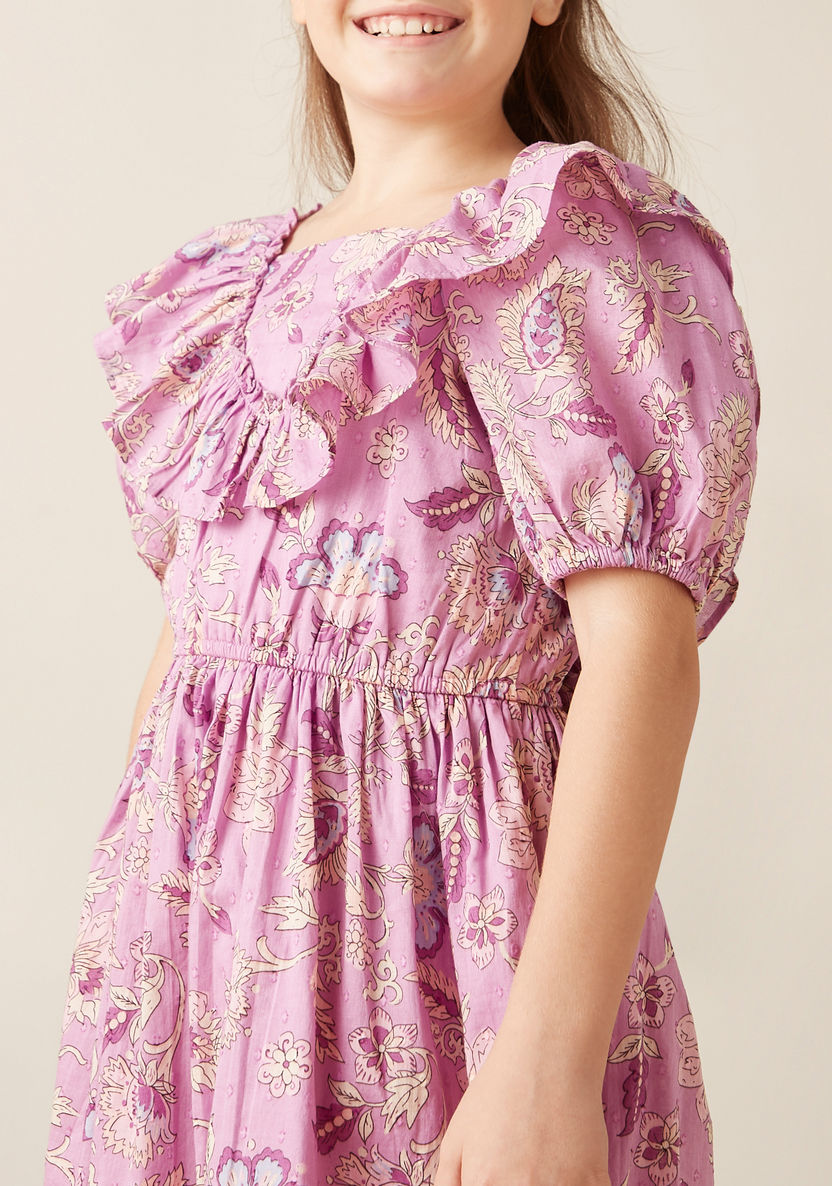 Juniors All-Over Floral Print Dress with Ruffle Detail and Short Puff Sleeves-Dresses%2C Gowns and Frocks-image-3