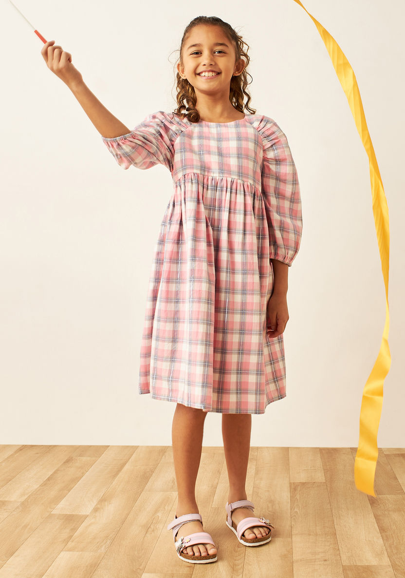 Juniors Checked Dress with Puff Sleeves and Button Closure-Dresses%2C Gowns and Frocks-image-0