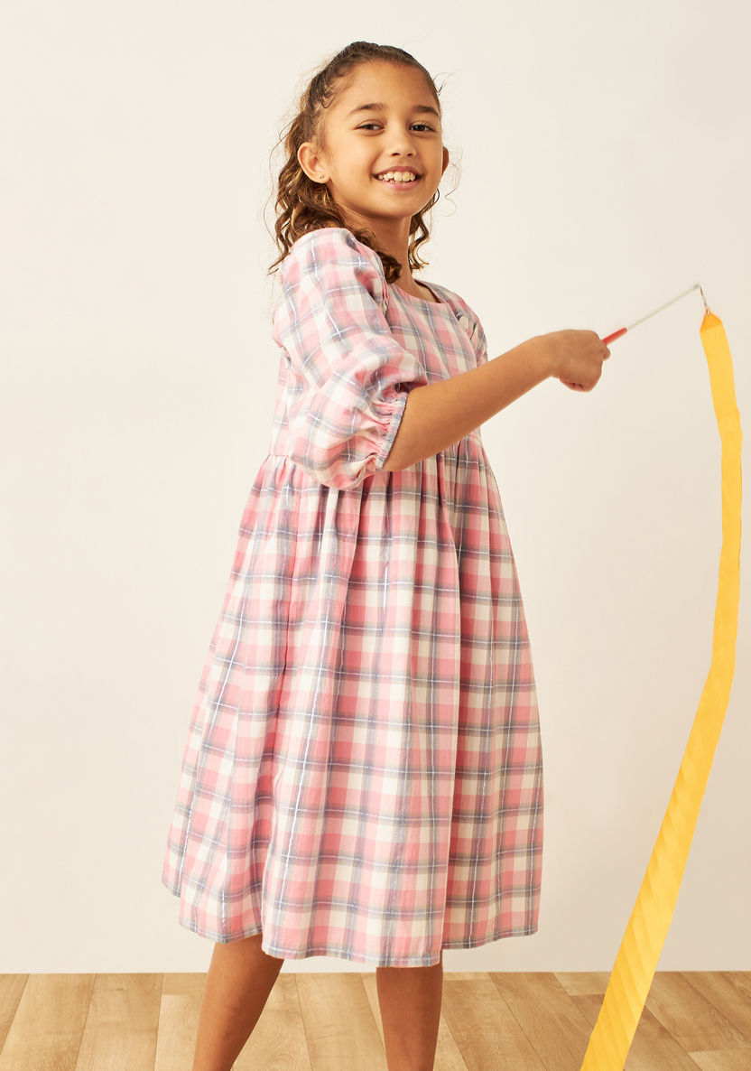 Juniors Checked Dress with Puff Sleeves and Button Closure-Dresses%2C Gowns and Frocks-image-1