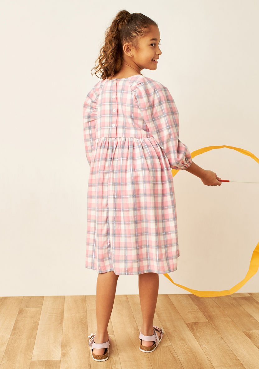 Juniors Checked Dress with Puff Sleeves and Button Closure-Dresses%2C Gowns and Frocks-image-3