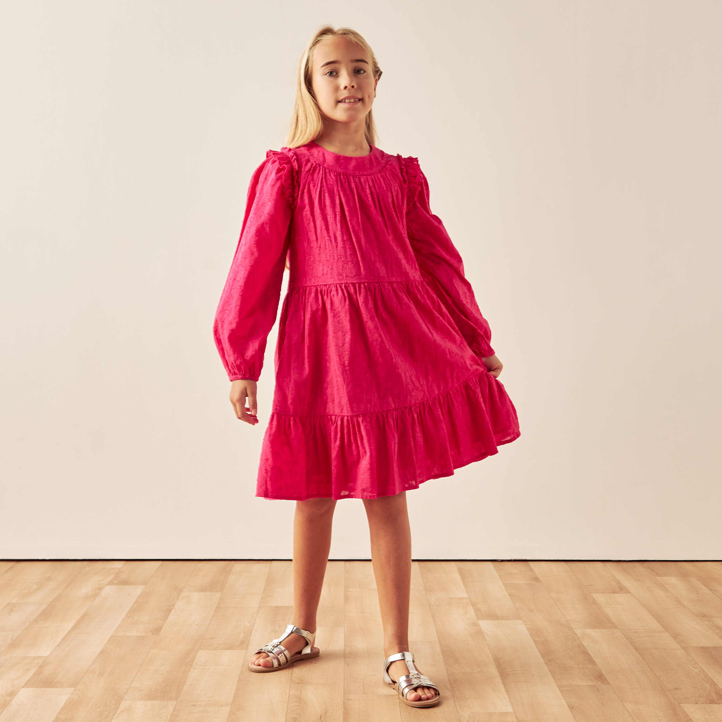 Juniors Jacquard Textured Tiered Dress with Long Sleeves and Ruffle Detail-girls-clothing-dressesandjumpsuits-image-1