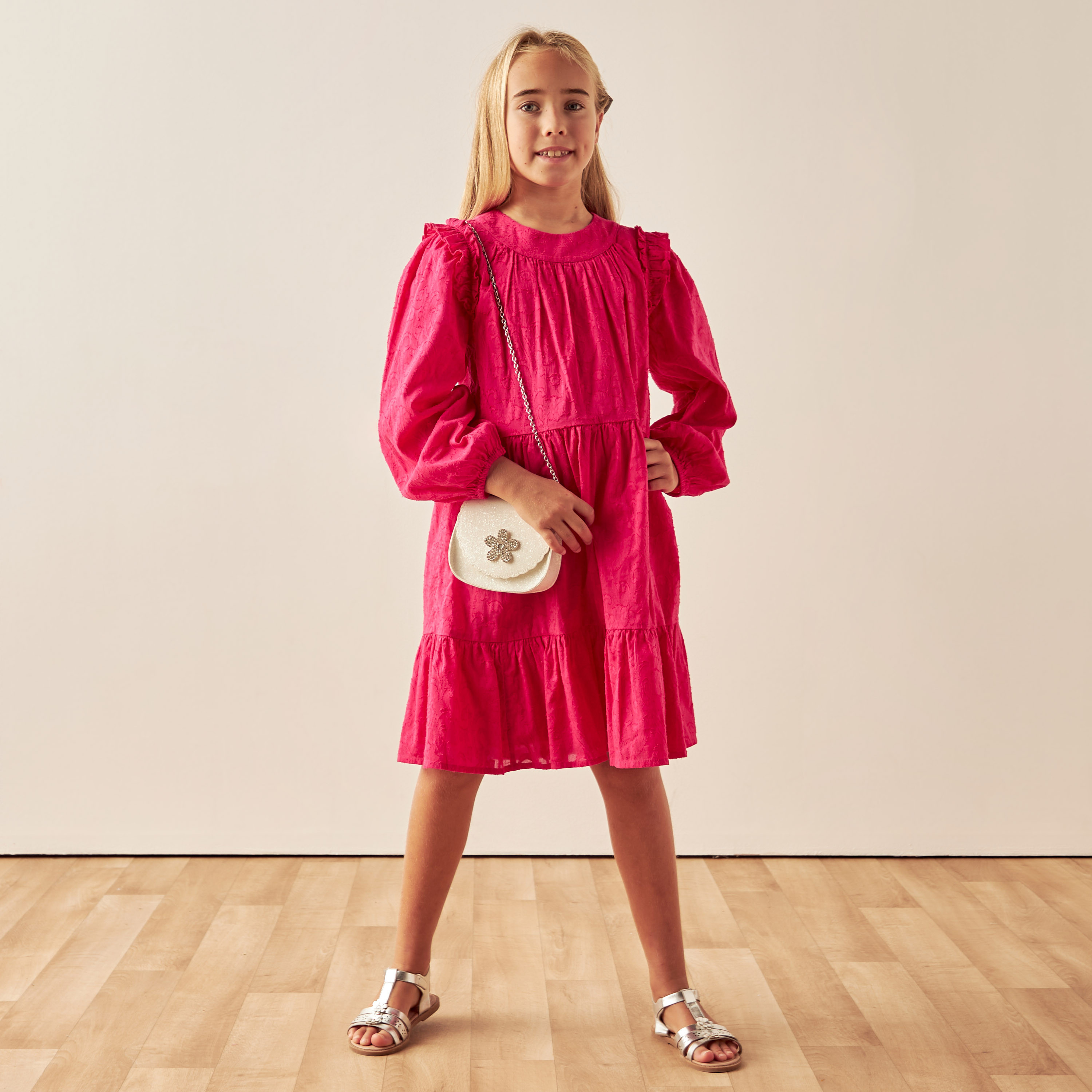 Juniors Jacquard Textured Tiered Dress with Long Sleeves and Ruffle Detail-girls-clothing-dressesandjumpsuits-image-2