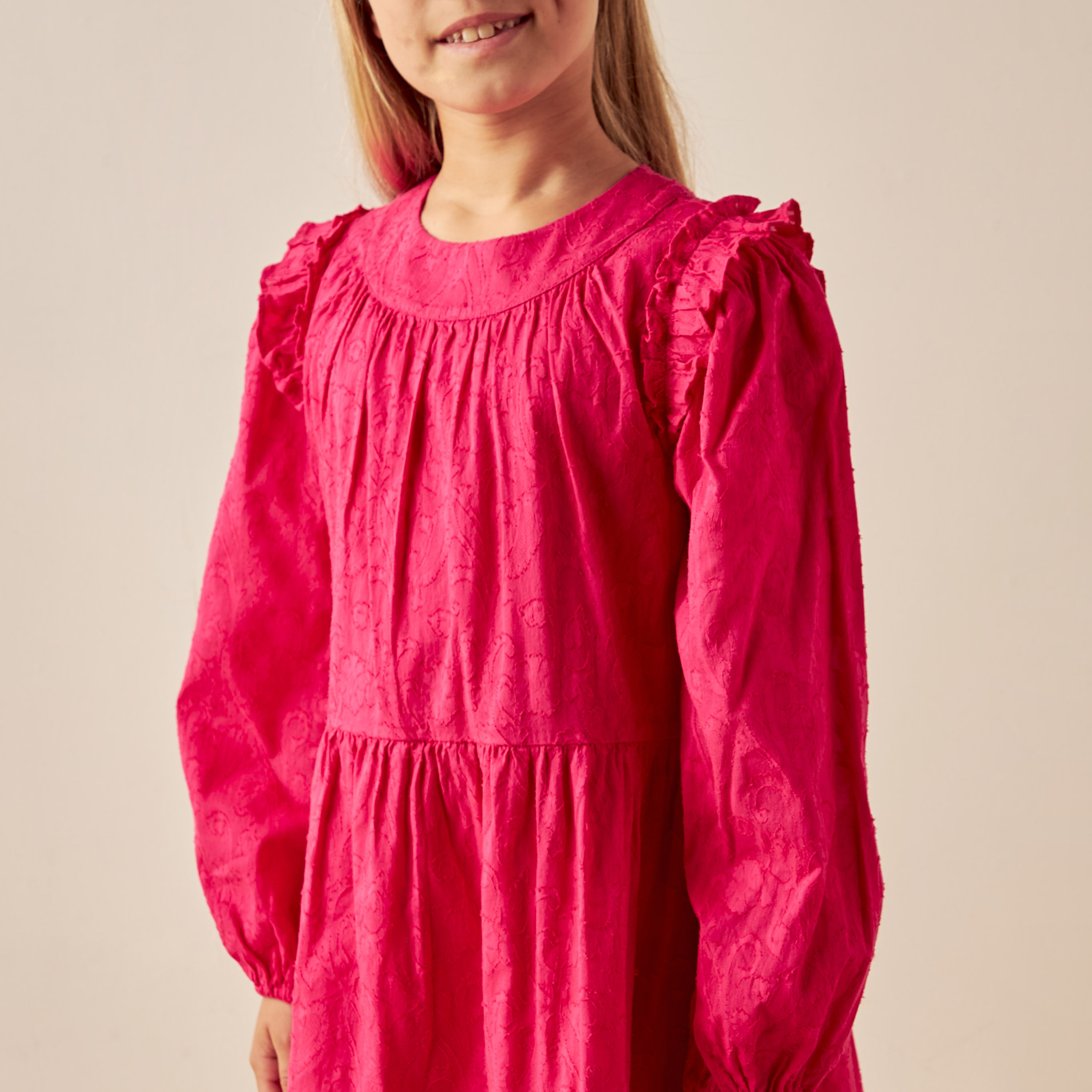 Juniors Jacquard Textured Tiered Dress with Long Sleeves and Ruffle Detail-girls-clothing-dressesandjumpsuits-image-3