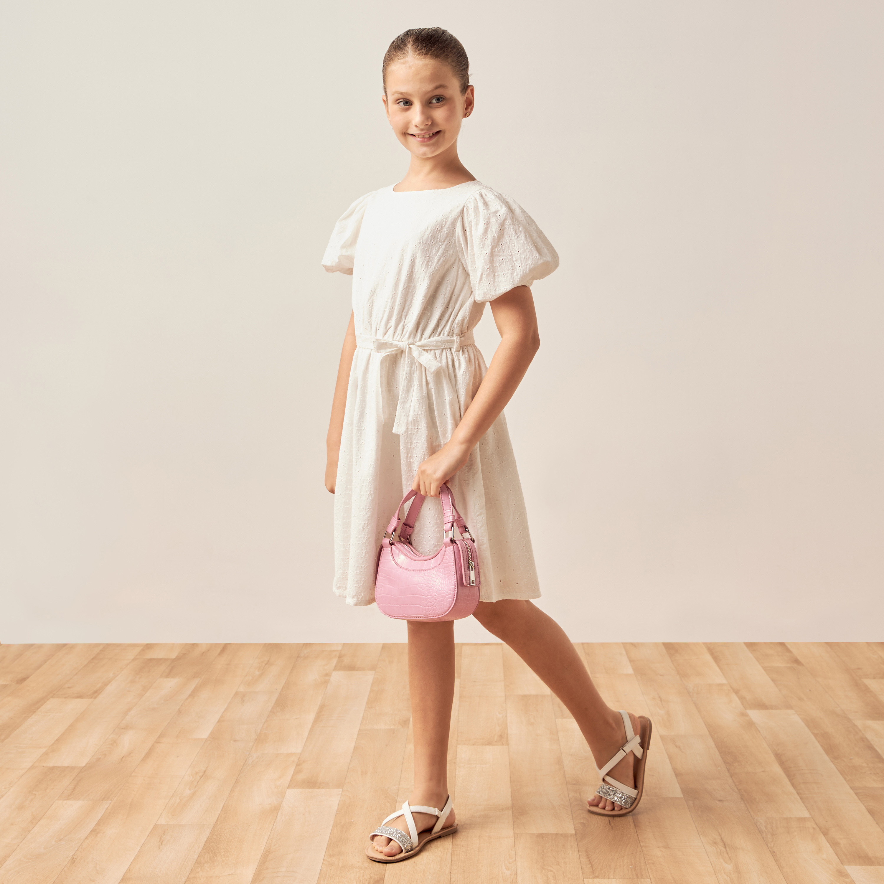 Juniors Schiffli Embroidered A-line Dress with Puff Sleeves and Tie-Up Belt-girls-clothing-dressesandjumpsuits-image-1