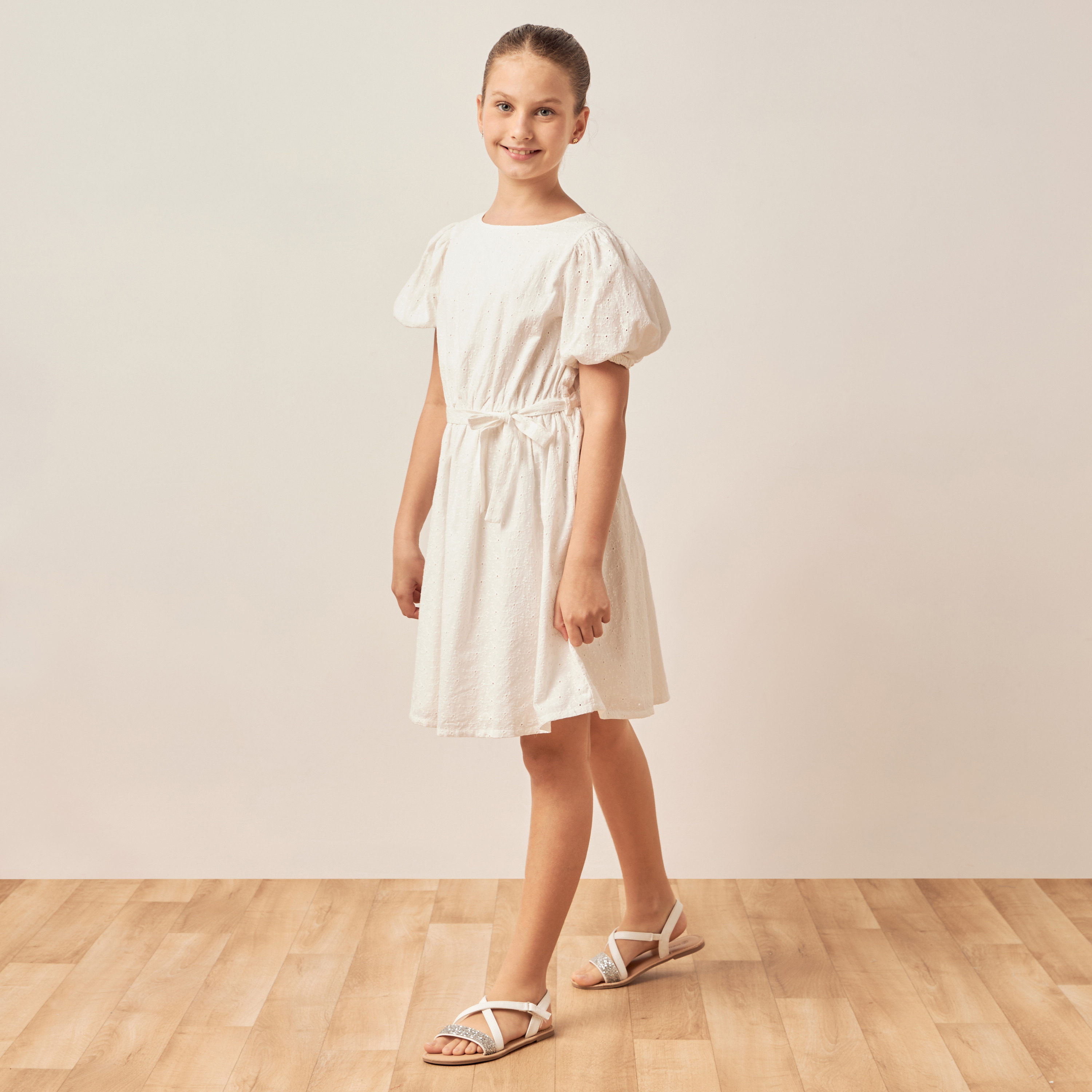 Juniors Schiffli Embroidered A-line Dress with Puff Sleeves and Tie-Up Belt-girls-clothing-dressesandjumpsuits-image-2