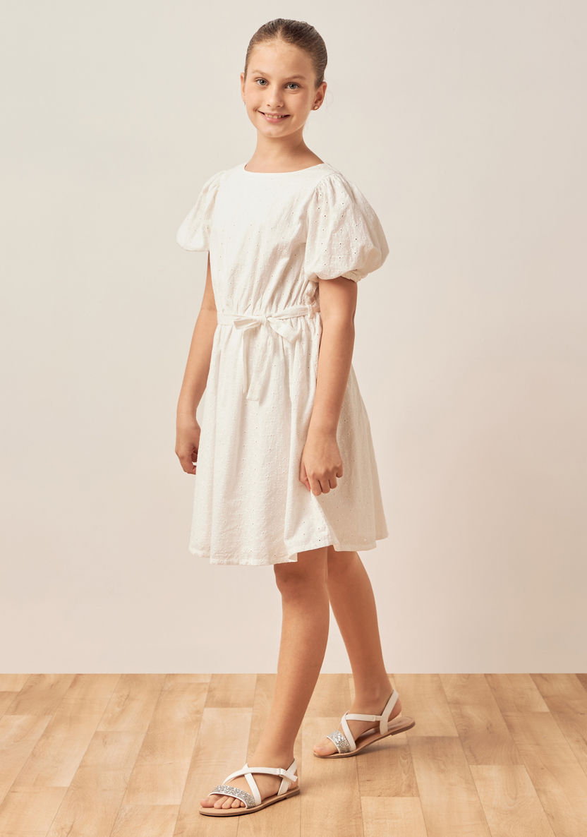 Juniors Schiffli Embroidered A-line Dress with Puff Sleeves and Tie-Up Belt-Dresses%2C Gowns and Frocks-image-1