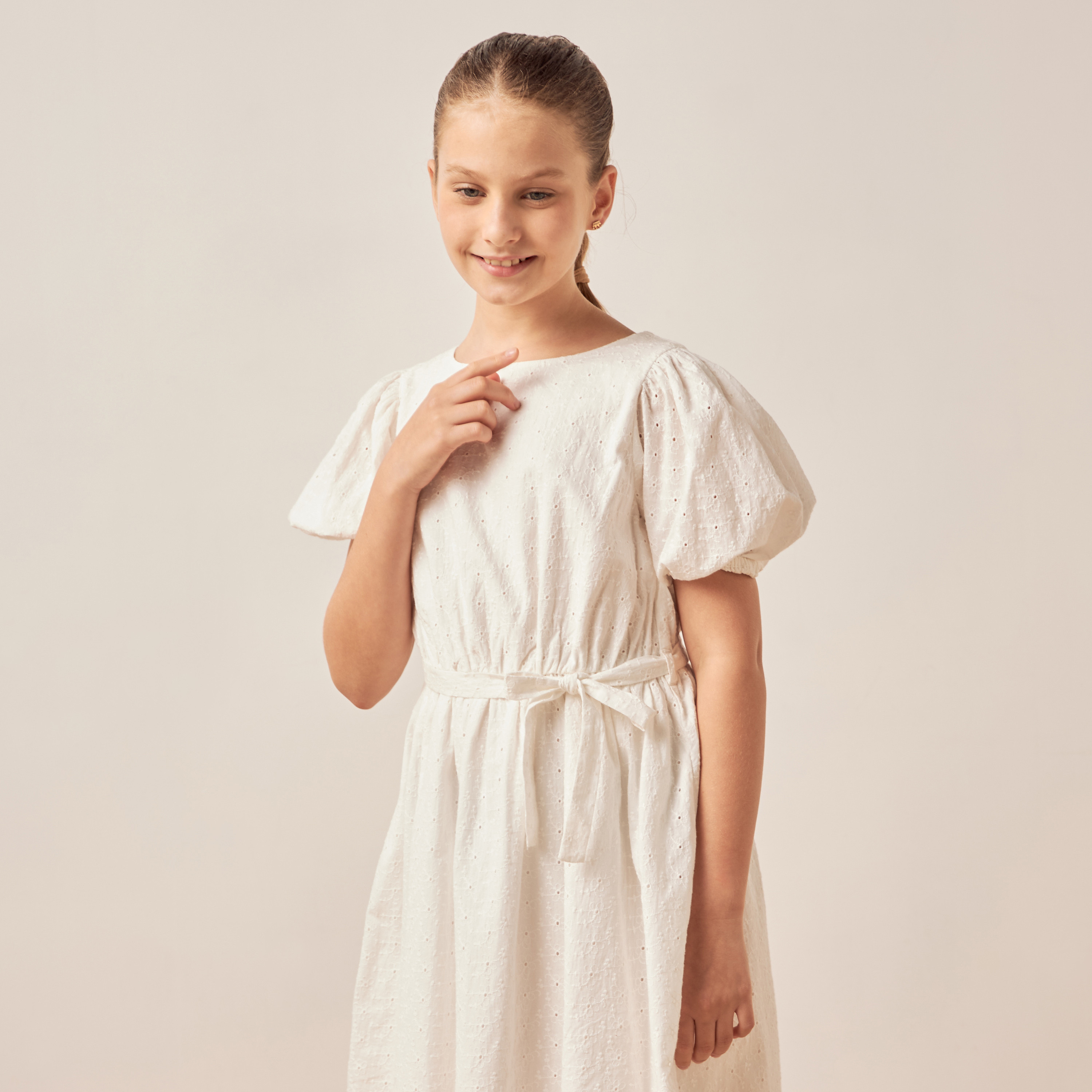 Juniors Schiffli Embroidered A-line Dress with Puff Sleeves and Tie-Up Belt-girls-clothing-dressesandjumpsuits-image-3