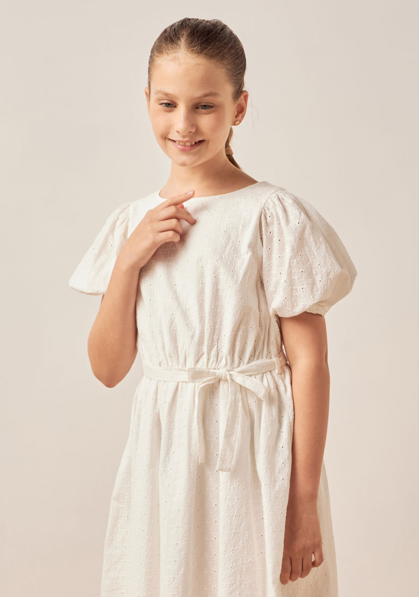 Juniors Schiffli Embroidered A-line Dress with Puff Sleeves and Tie-Up Belt-Dresses%2C Gowns and Frocks-image-2