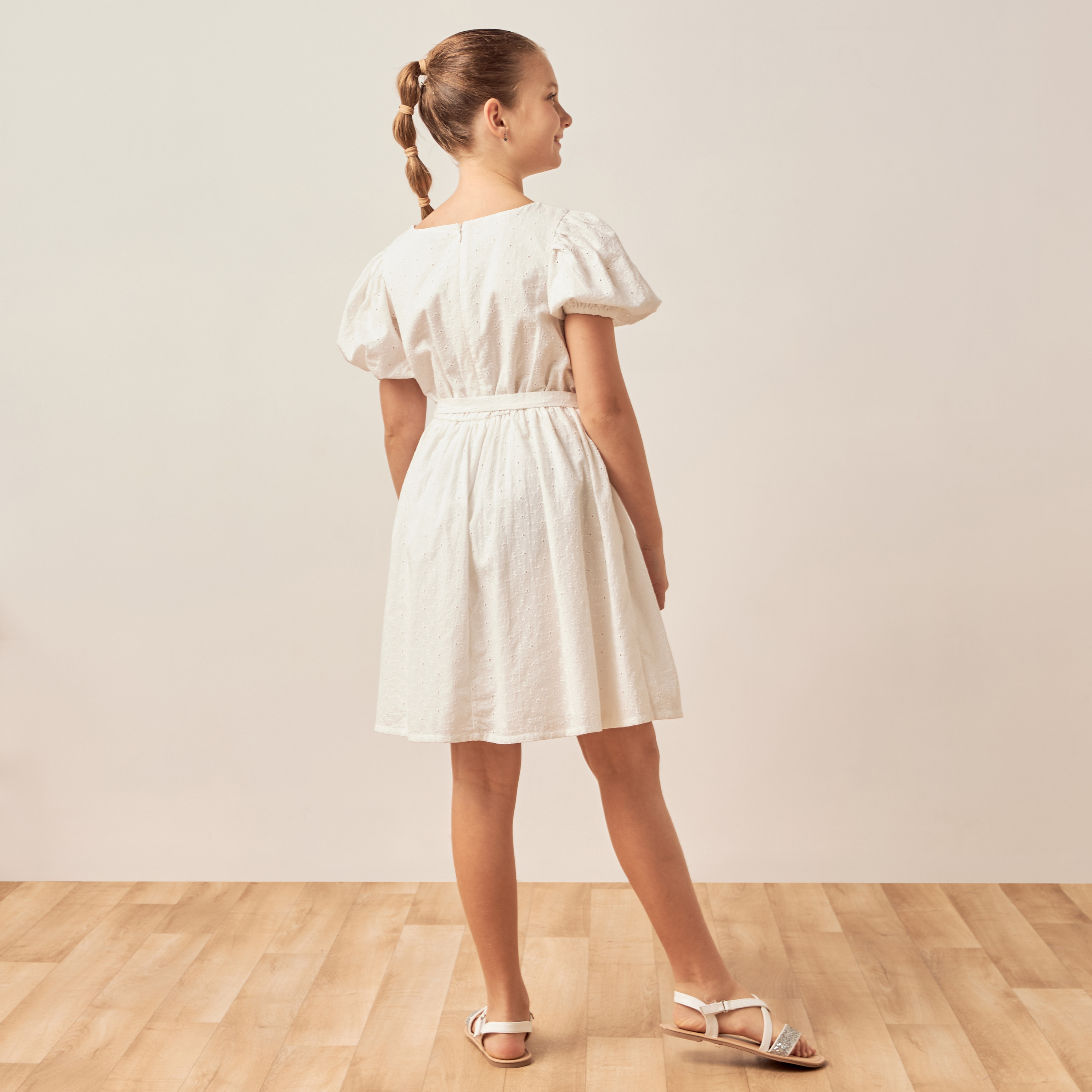 Juniors Schiffli Embroidered A-line Dress with Puff Sleeves and Tie-Up Belt-girls-clothing-dressesandjumpsuits-image-4