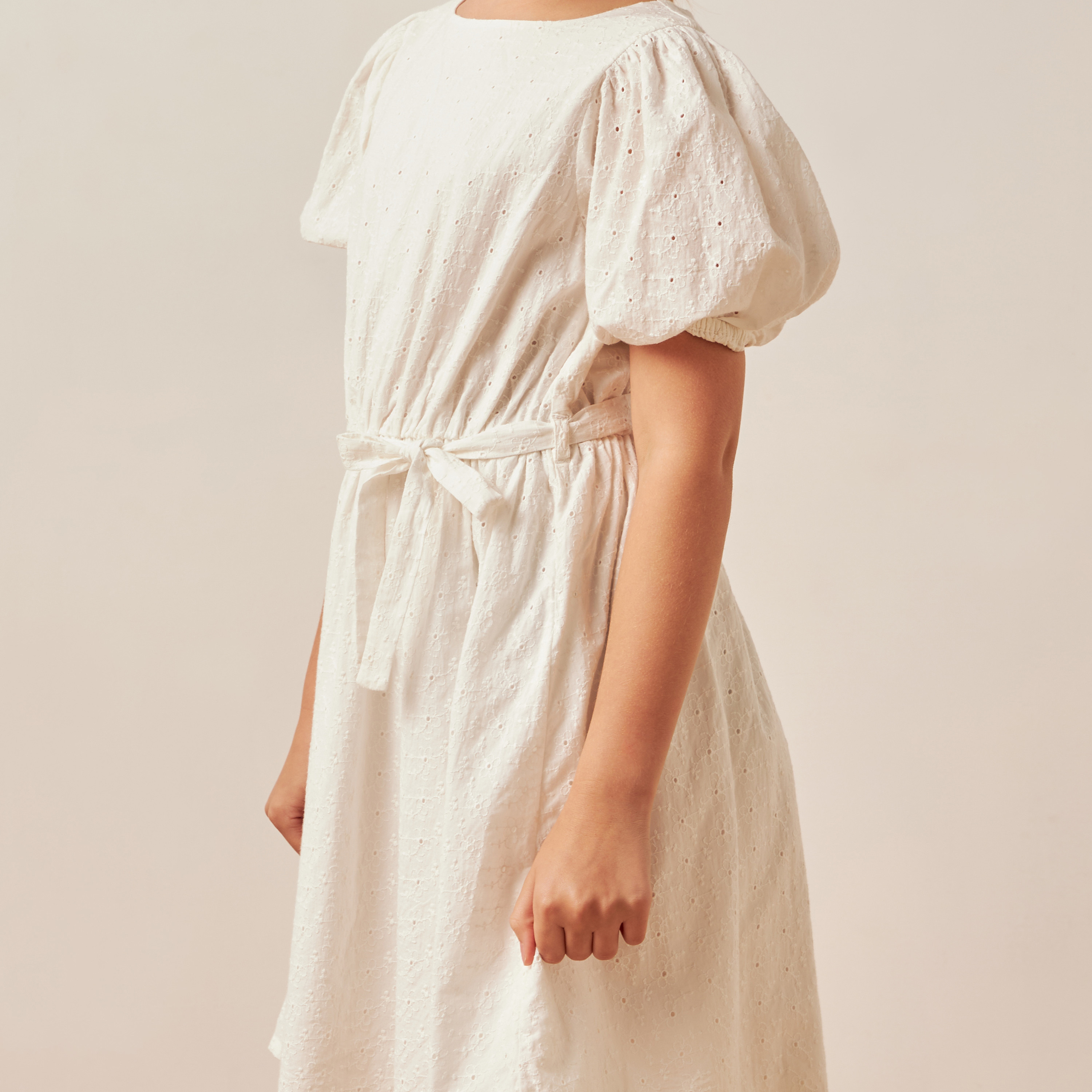 Juniors Schiffli Embroidered A-line Dress with Puff Sleeves and Tie-Up Belt-girls-clothing-dressesandjumpsuits-image-5