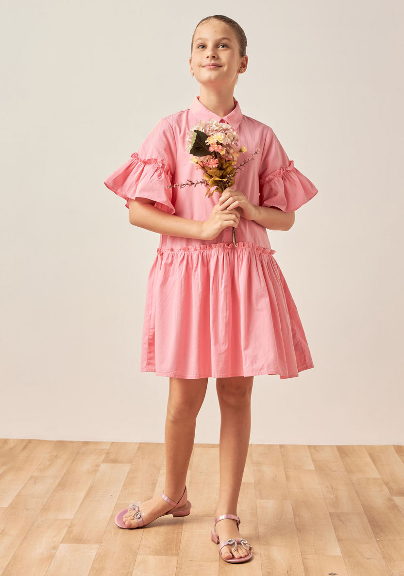 Juniors Solid Shirt Dress with Ruffles-Dresses%2C Gowns and Frocks-image-0