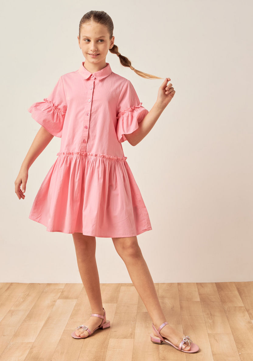 Juniors Solid Shirt Dress with Ruffles-Dresses%2C Gowns and Frocks-image-1
