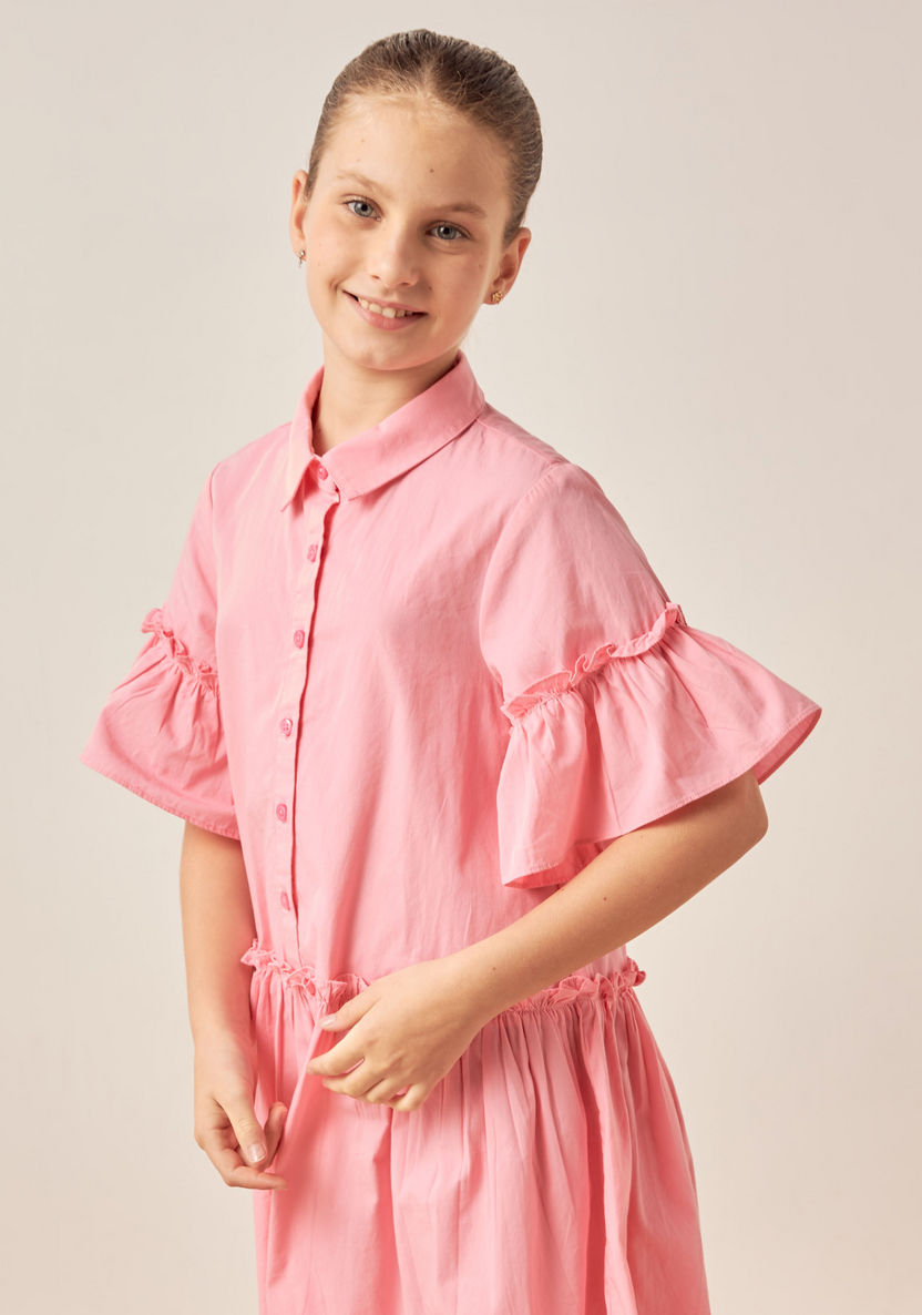 Juniors Solid Shirt Dress with Ruffles-Dresses%2C Gowns and Frocks-image-2