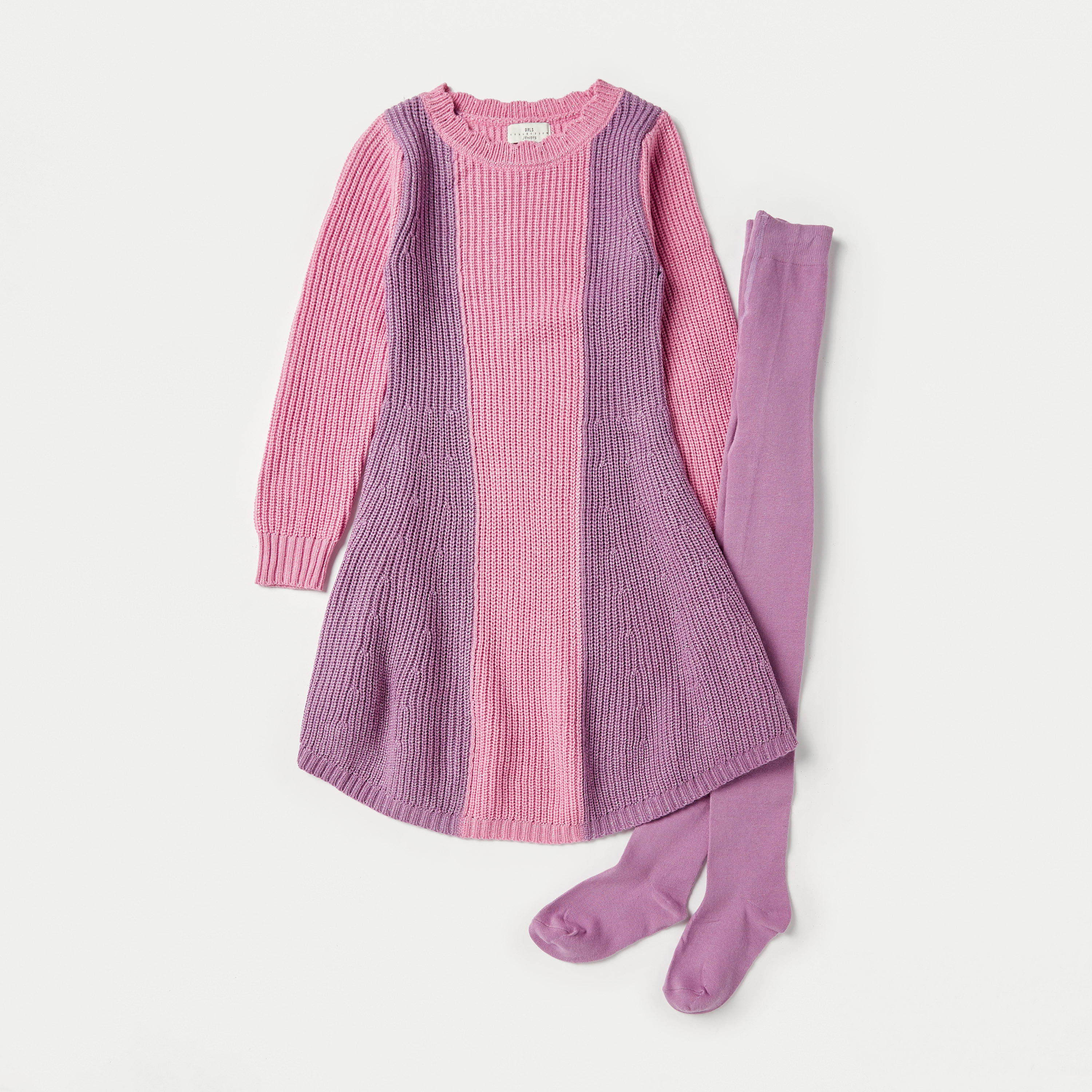 Buy Juniors Colourblock Ribbed Long Sleeves Dress and Tights Set Online for Girls Centrepoint Bahrain