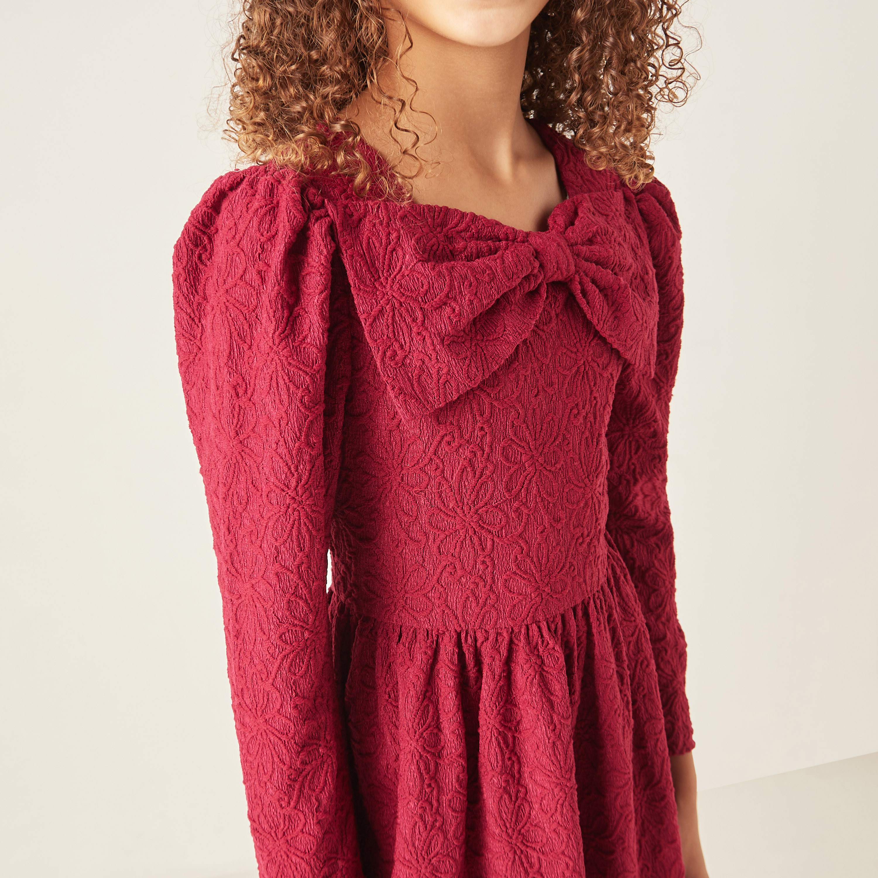 Juniors Floral Embroidered A-line Dress with Long Sleeves and Bow Detail-girls-clothing-dressesandjumpsuits-image-3