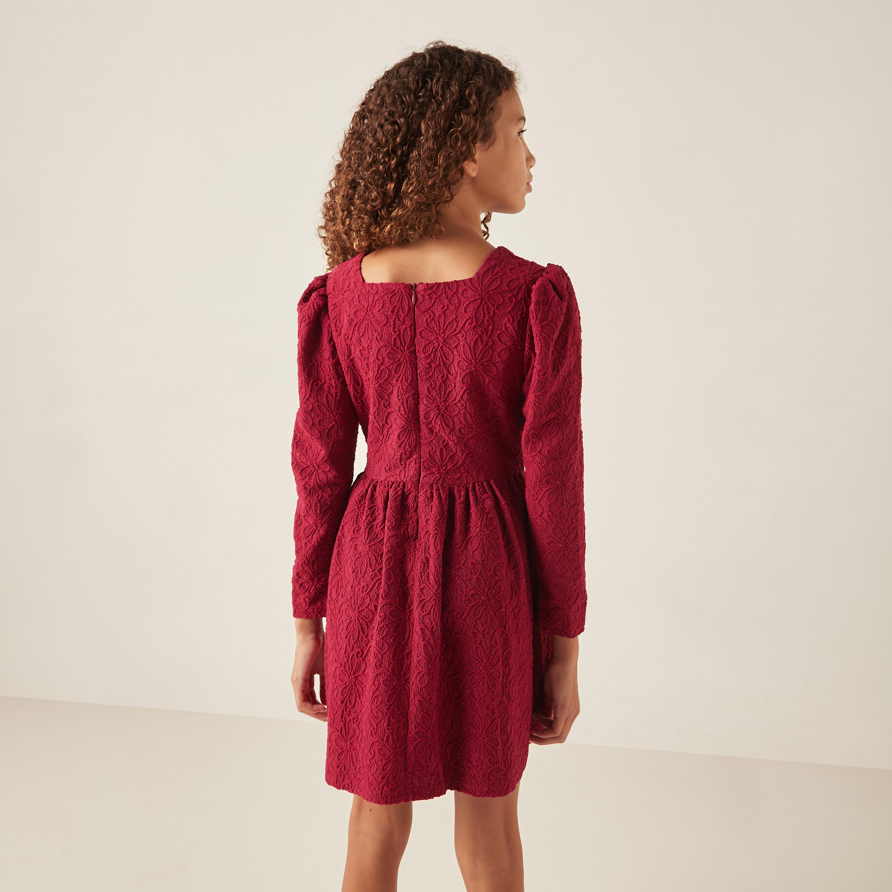 Juniors Floral Embroidered A-line Dress with Long Sleeves and Bow Detail-girls-clothing-dressesandjumpsuits-image-4